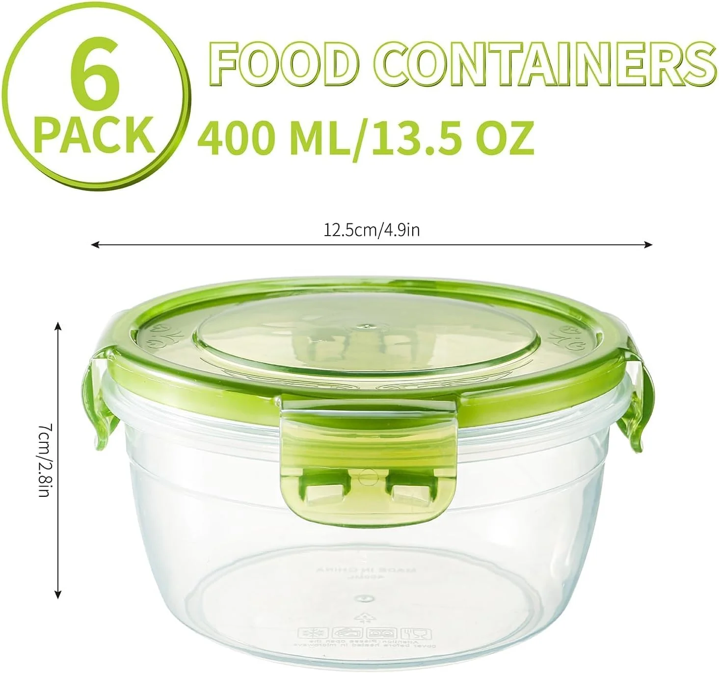 ظروف غذای گرد درب دار، بسته 6 عددی، ظرف پلاستیکی ضد نشت، ظروف آماده سازی غذا، جعبه ناهار Bento، جعبه نگهداری مواد غذایی در یخچال، جعبه دربسته قابل استفاده در مایکروویو و فریزر (400 میلی لیتر)