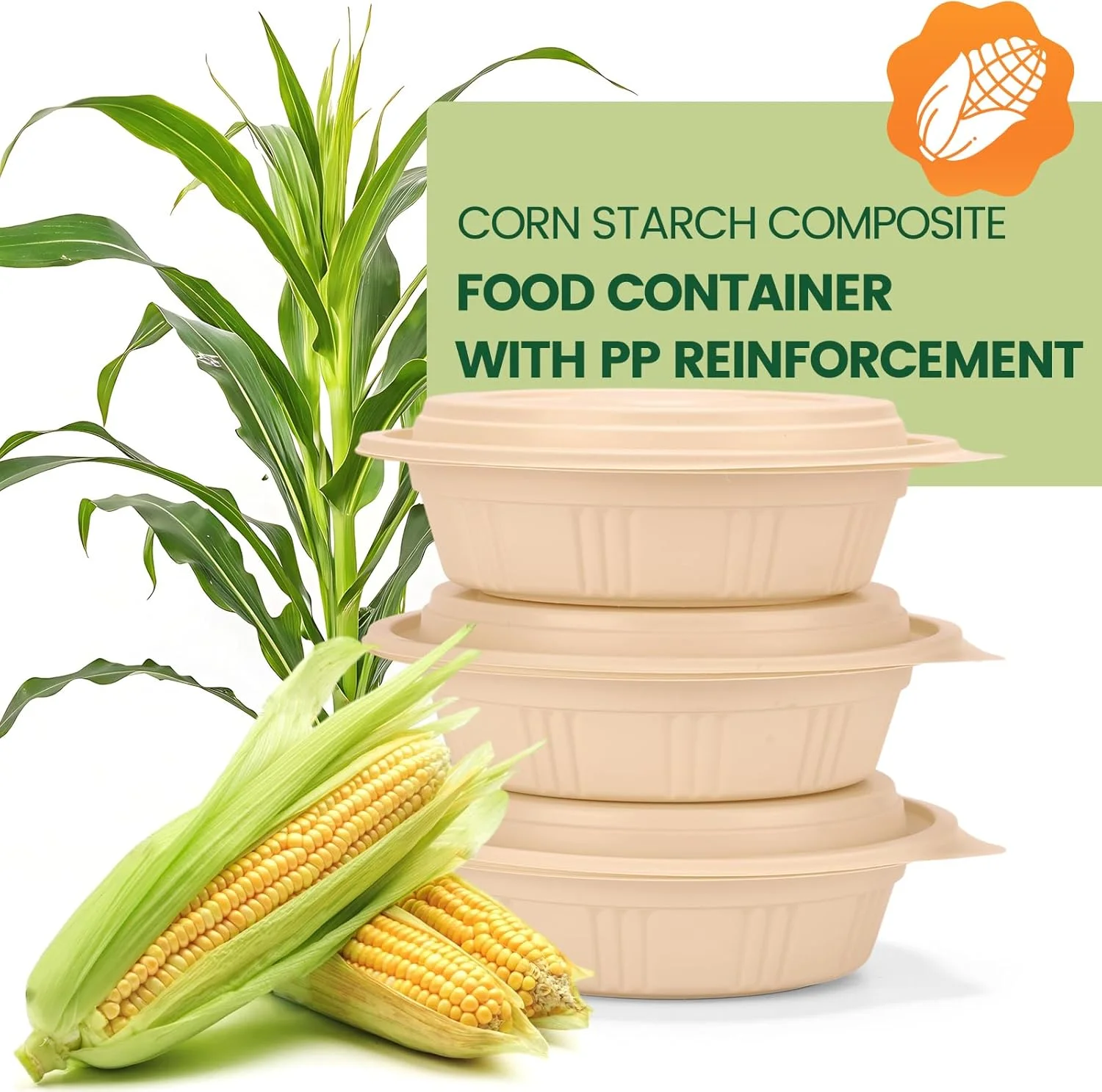 ظروف آماده سازی غذا 100 عددی (50 بسته) با درب، ظروف غذای 100% کمپوست پذیر کاسه ناهار نشاسته ذرت زیست تخریب پذیر برای سالاد، ظروف گرد بیرون بر قابل استفاده در مایکروویو و فریزر، 16 اونس