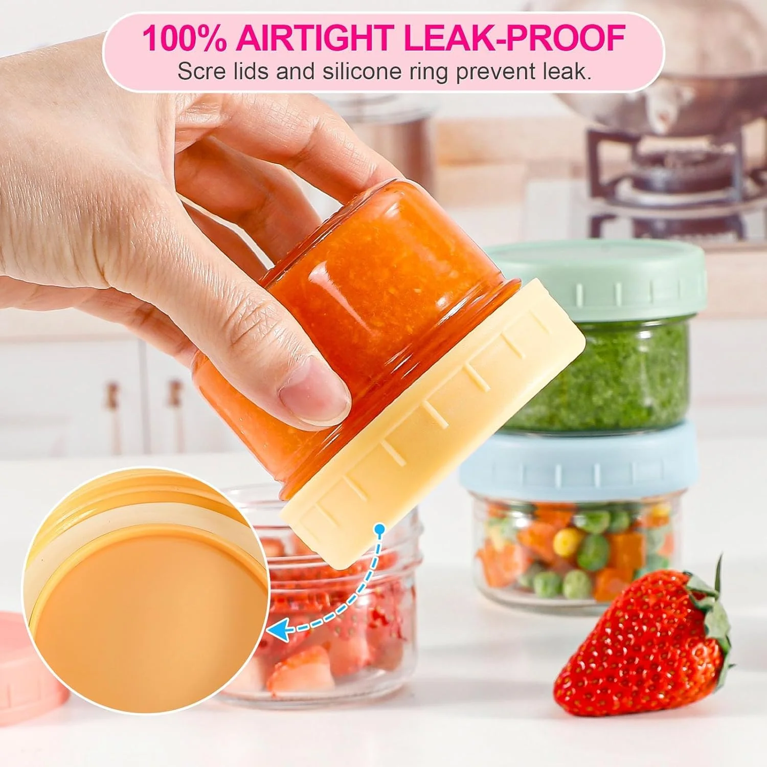 ظروف شیشه ای نگهداری مواد غذایی، ظروف پلاستیکی قابل استفاده مجدد برای اسنک و پوره، ظرف سس سالاد بیرون بر، ظروف دلی، ظروف چاشنی فریزر، قابل استفاده در مایکروویو و ماشین ظرفشویی، بدون BPA، 6 عدد