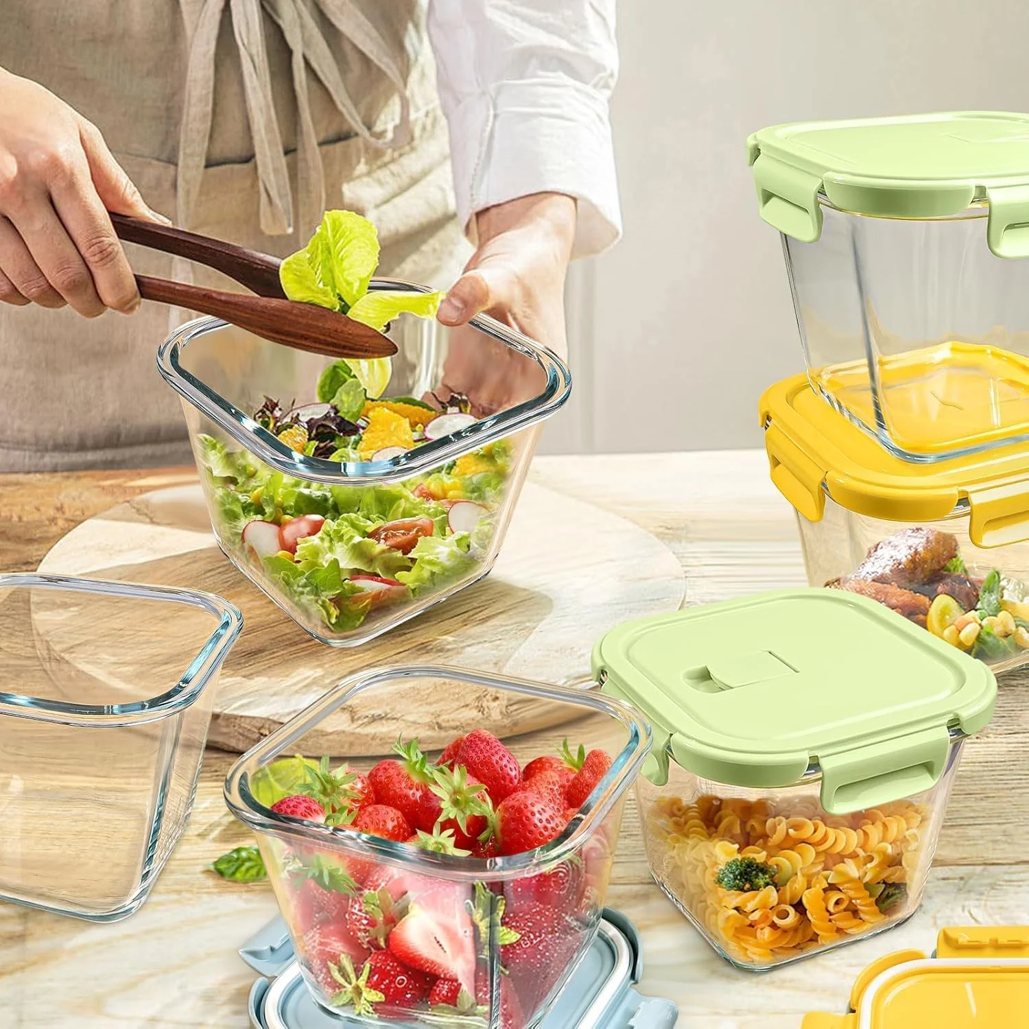 ظروف شیشه ای سوپ با درب 1000 میلی لیتر، ظروف نگهداری مواد غذایی شیشه ای بوروسیلیکات 4 پیمانه، شیشه های ایمن برای مایکروویو و فریزر، کاسه آماده سازی غذای مربعی برای سالاد، میوه، ناهار، بستنی، مسافرت (6 عدد - 3 رنگ)