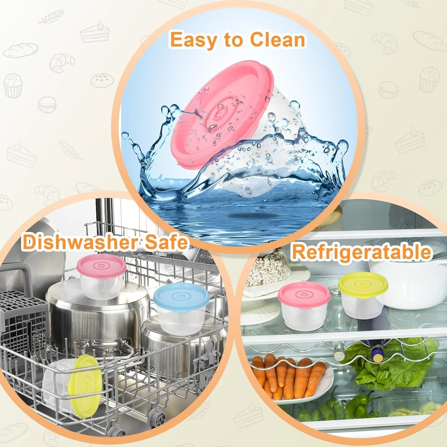 ظروف کوچک غذا با درب، 6 عددی، ظروف پلاستیکی 160 میلی لیتری، ظرف غذای آشپزخانه درب دار، ظروف قابل استفاده مجدد و قابل چیدن برای ناهار، قابل استفاده در مایکروویو، فریزر و ماشین ظرفشویی (زرد، آبی، صورتی)