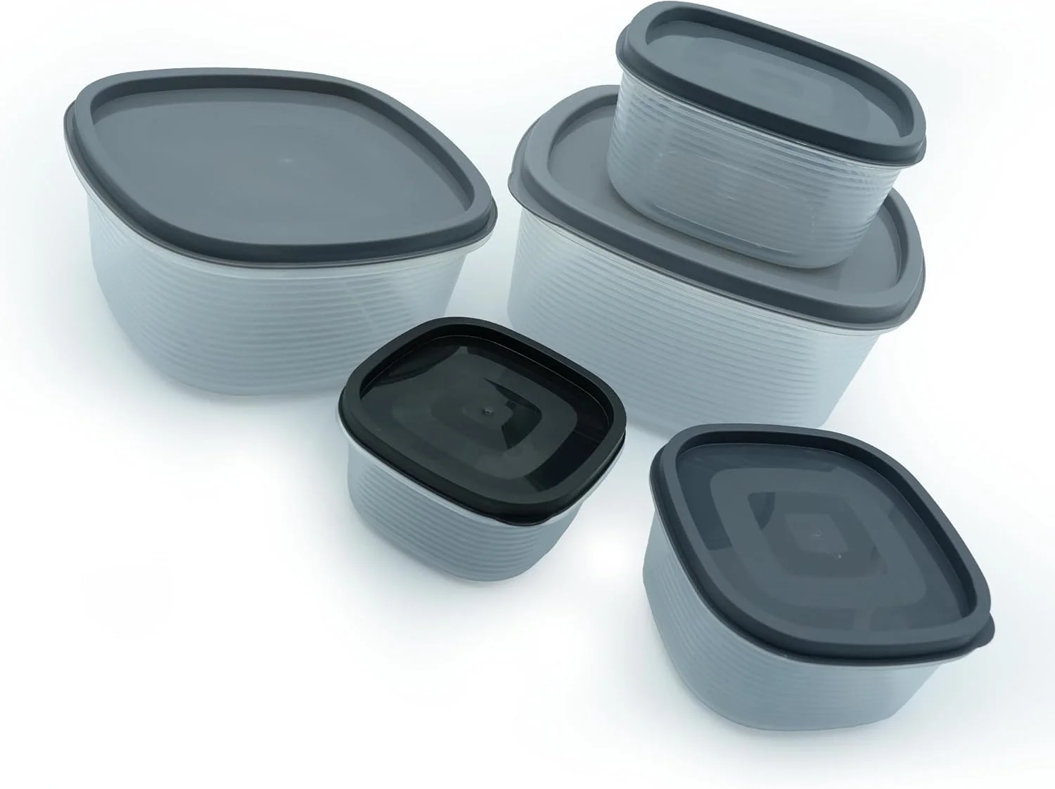 ست 5 تکه ظروف نگهداری مواد غذایی خاکستری با درب های محکم، پلاستیک بدون BPA، ضد نشت، قابل چیدن، قابل استفاده در فریزر، قابل استفاده در مایکروویو، قابل شستشو در ماشین ظرفشویی، مناسب برای آماده سازی غذا و سازماندهی انبار