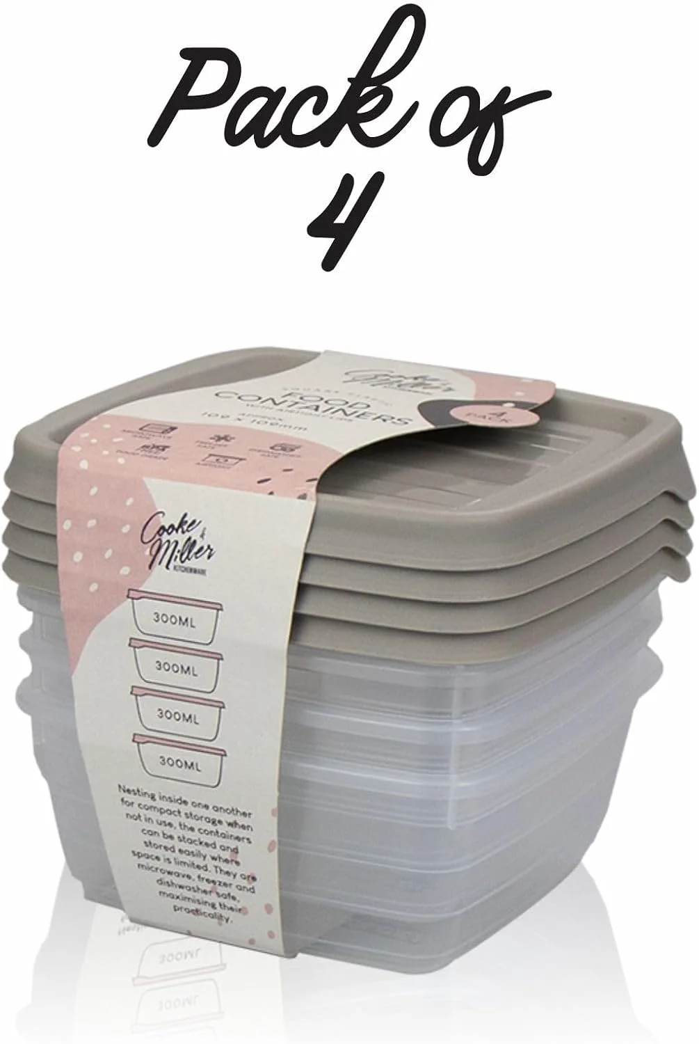 ست ظروف پلاستیکی مربعی، ظروف نگهداری مواد غذایی درب دار و هوا بند مناسب برای مایکروویو، فریزر و ماشین ظرفشویی، لوازم ضروری آشپزخانه، ظرفیت 300 میلی لیتر، رنگ های متنوع، 4.5 × 10.9 × 10.9 سانتی متر (4 عدد)