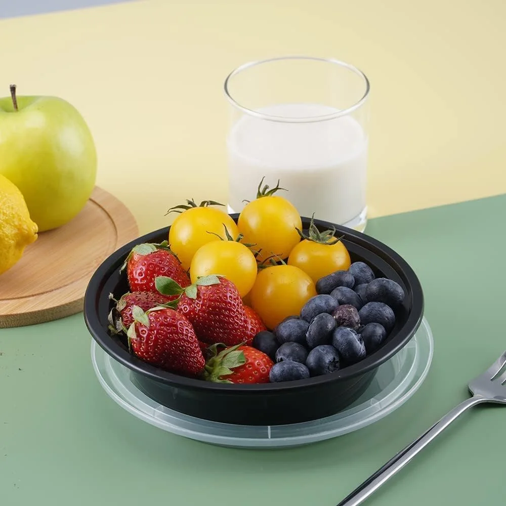 [بسته 150 عددی] ظرف نگهدارنده غذا با پایه گرد مشکی و درب (946 میلی لیتر) مدل RO 32 - کارتن کامل | ظرف غذای یکبار مصرف | ظروف آماده سازی غذا | جعبه ناهار مناسب مایکروویو | قابل استفاده در فریزر (تک قسمتی)