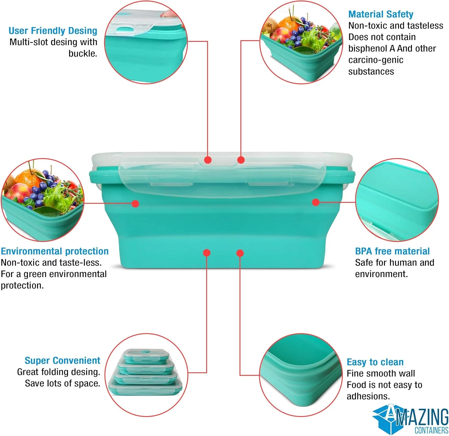 ست 4 تایی ظروف نگهداری غذای سیلیکونی تاشو با درب | قابل چیدن - صرفه جویی در فضا | قابل استفاده در مایکروویو | فریزر و ماشین ظرفشویی ایمن | بدون BPA | ظروف تاشو برای غذای باقیمانده یا آماده سازی وعده های غذایی