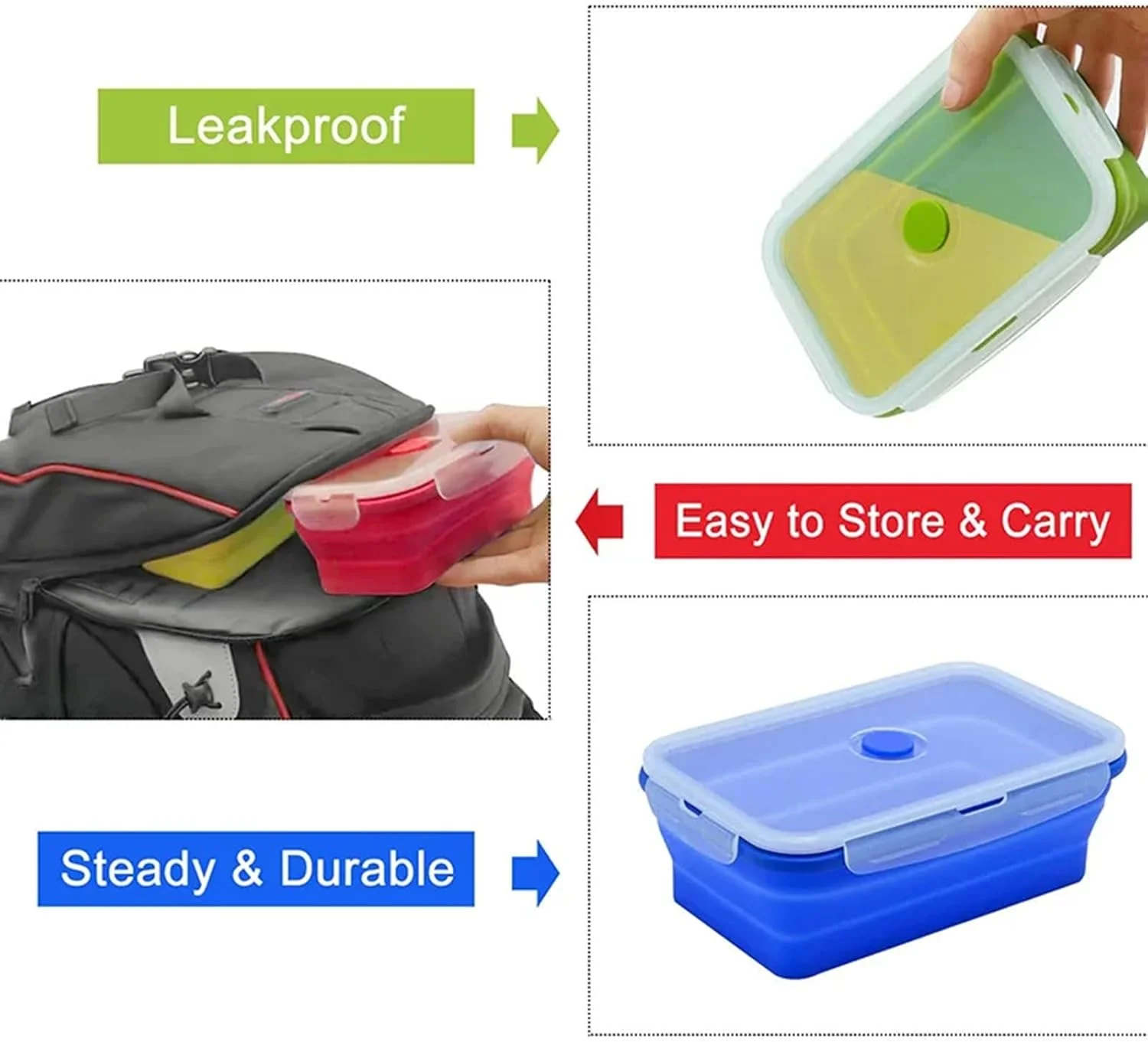 ست 4 عددی جعبه غذای سیلیکونی تاشو، ظرف ناهار برای کودکان و بزرگسالان با درب پلاستیکی محکم، 350 میلی لیتر، 500 میلی لیتر، 800 میلی لیتر، 1200 میلی لیتر، مستطیلی، چند رنگ، قابل استفاده در مایکروویو، فریزر و ماشین ظرفشویی