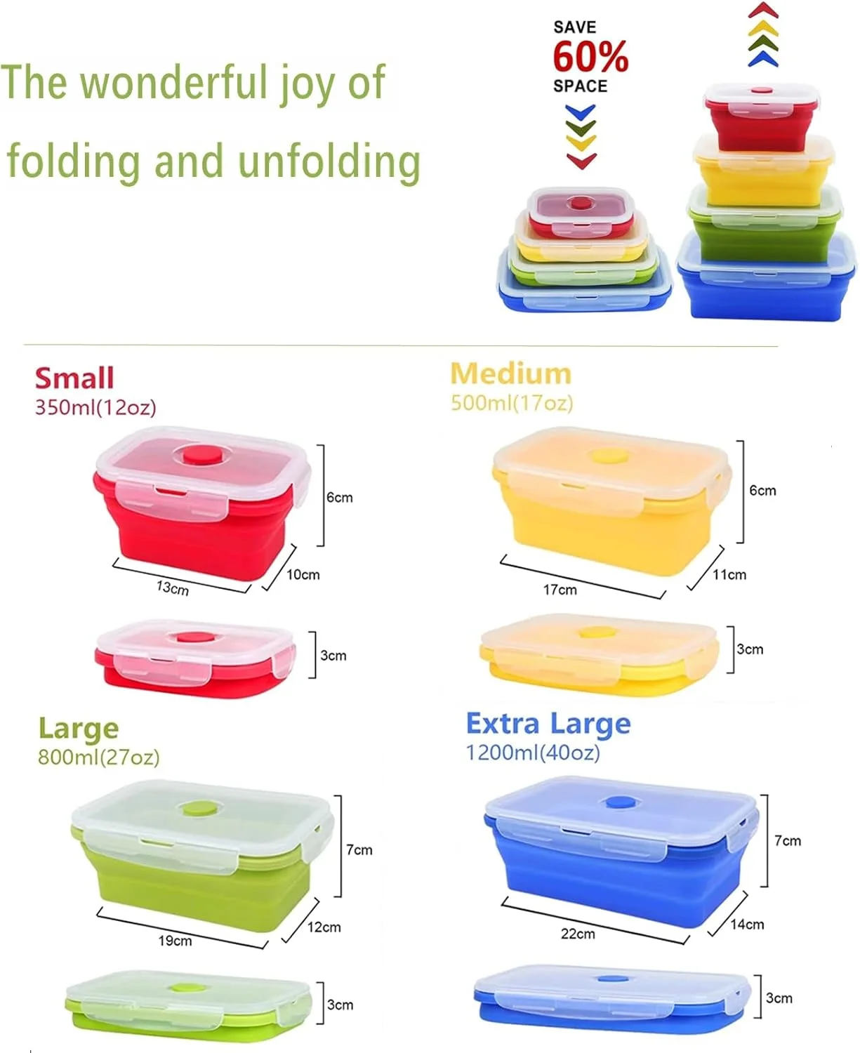ست 4 عددی جعبه غذای سیلیکونی تاشو، ظرف ناهار برای کودکان و بزرگسالان با درب پلاستیکی محکم، 350 میلی لیتر، 500 میلی لیتر، 800 میلی لیتر، 1200 میلی لیتر، مستطیلی، چند رنگ، قابل استفاده در مایکروویو، فریزر و ماشین ظرفشویی