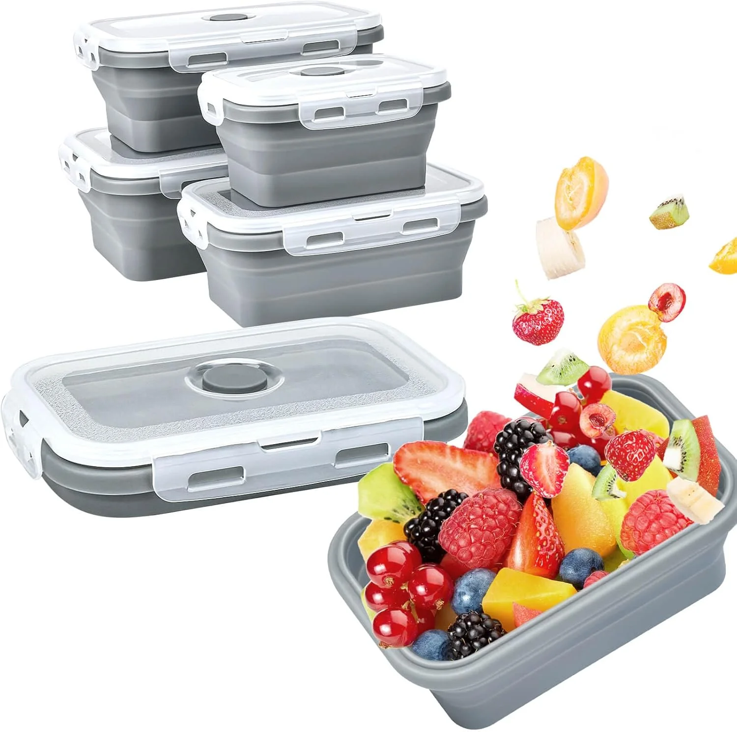 ظروف نگهداری غذای تاشو با درب، ظروف آماده سازی غذا سیلیکونی بدون BPA، ظروف ناهار خوری تاشو برای ظروف نگهداری کمپینگ، قابل استفاده در مایکروویو، فریزر و ماشین ظرفشویی، خاکستری ظروف نگهداری غذای تاشو با درب، ظروف آماده سازی غذا سیلیکونی بدون BPA، ظروف ناهار خوری تاشو برای ظروف نگهداری کمپینگ، قابل استفاده در مایکروویو، فریزر و ماشین ظرفشویی، خاکستری