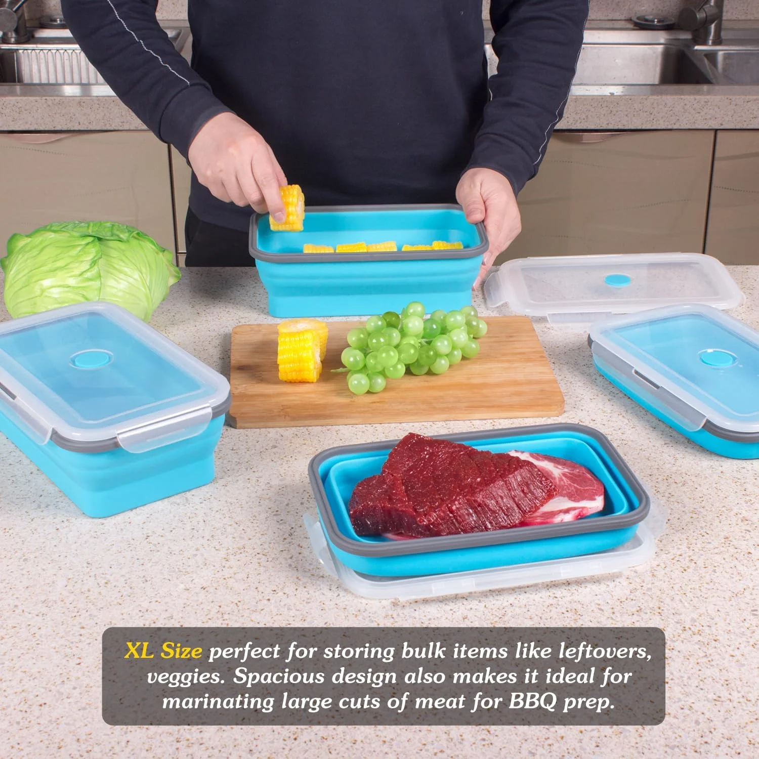 ظروف نگهداری غذای تاشو بسیار بزرگ با درب و دریچه هوا، 1774 میلی لیتر، بسته 4 عددی، ظرف تاشو بسیار بزرگ برای مرینیت با درب، ظروف سیلیکونی تاشو، قابل استفاده در مایکروویو، فریزر و ماشین ظرفشویی، آبی