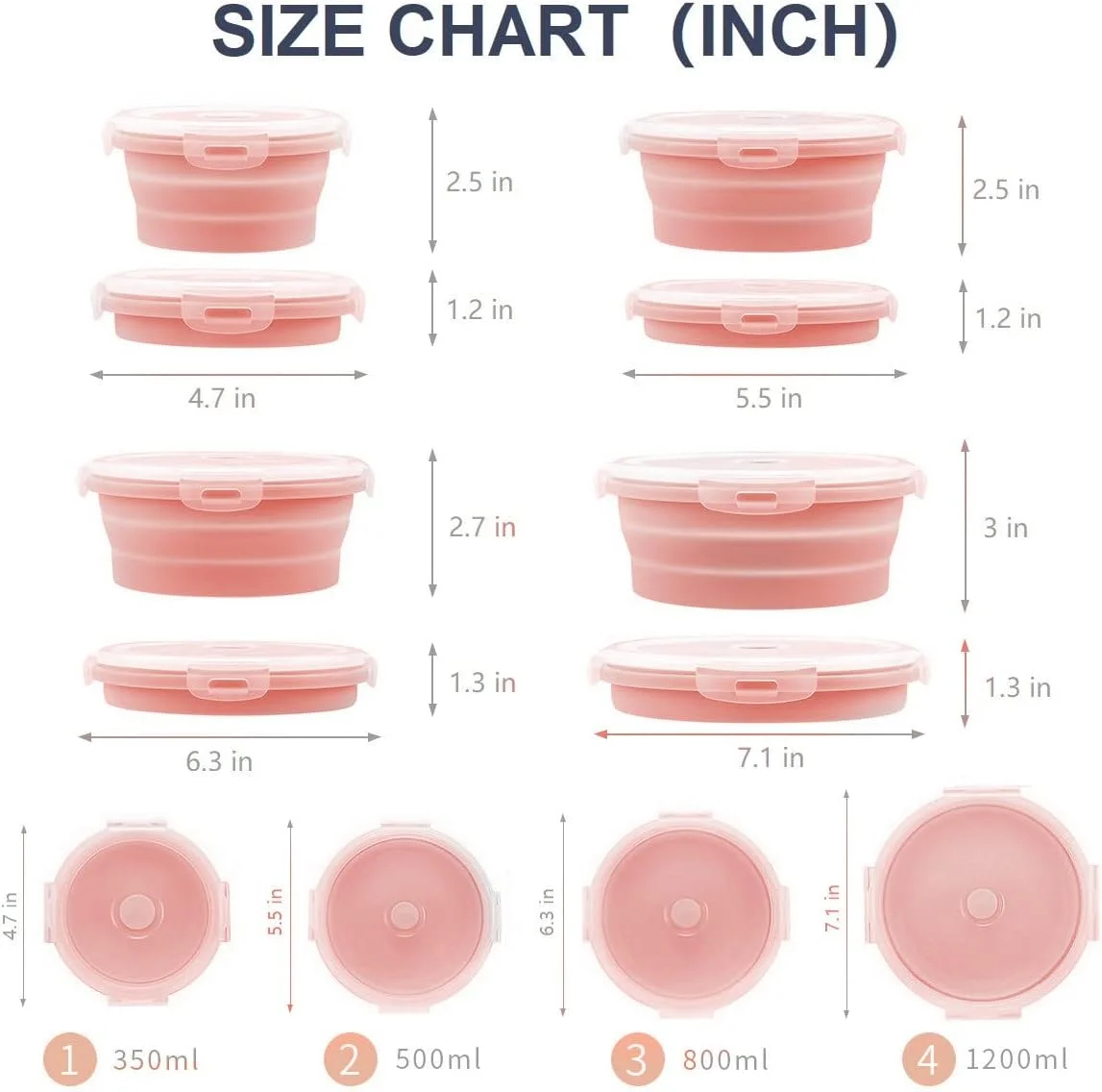 ظروف تاشو برای کمپینگ، ست 4 تایی ظروف گرد سیلیکونی نگهداری غذا با درب، مناسب برای نگهداری و سازماندهی RV، لوازم جانبی آشپزخانه RV، فاقد BPA، قابل استفاده در مایکروویو، فریزر و ماشین ظرفشویی (صورتی)