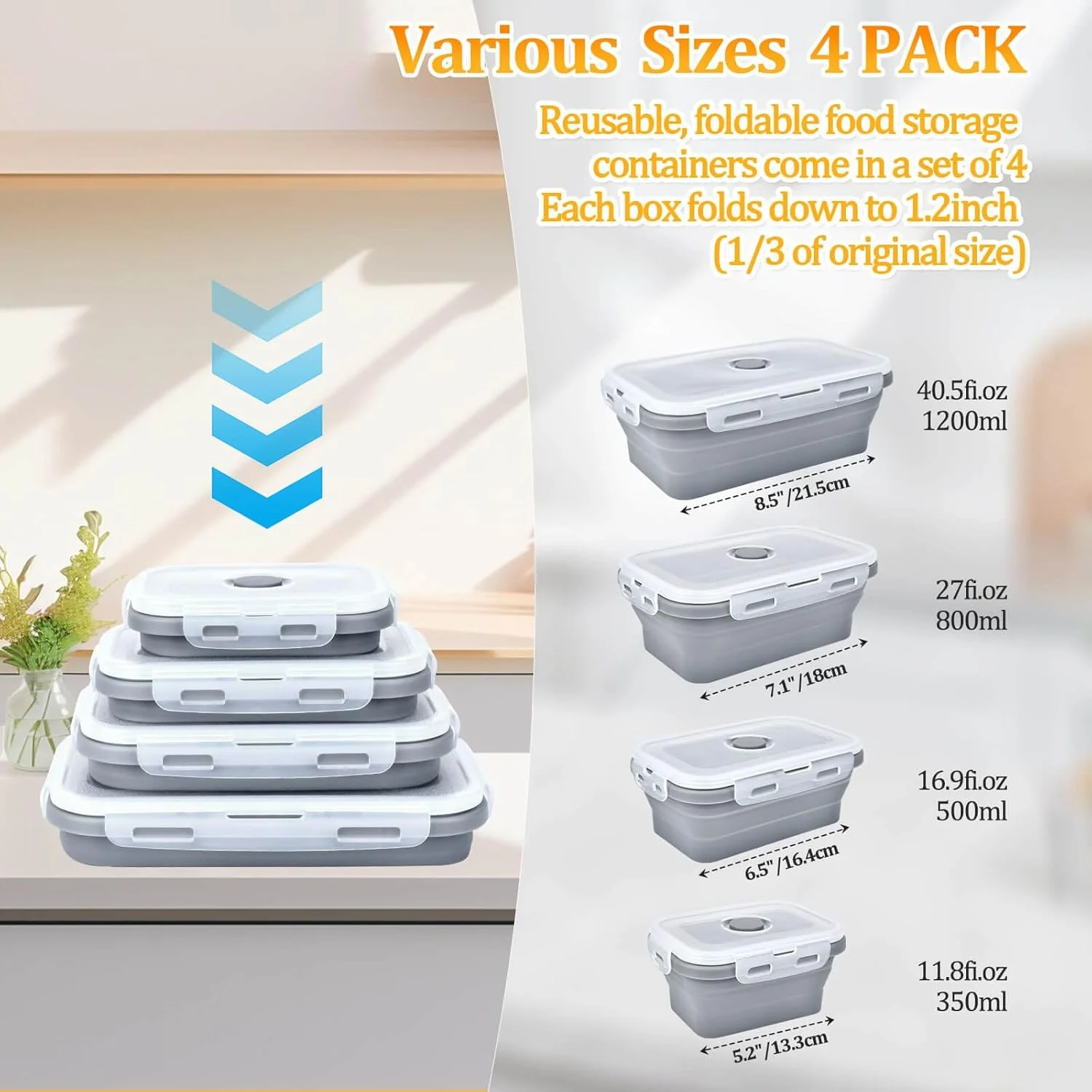 ظروف نگهداری غذای تاشو با درب، ظروف آماده سازی غذا سیلیکونی بدون BPA، ظروف ناهار خوری تاشو برای ظروف نگهداری کمپینگ، قابل استفاده در مایکروویو، فریزر و ماشین ظرفشویی، خاکستری