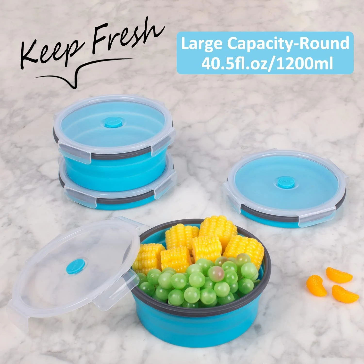 ظروف نگهداری غذای تاشو با درب و دریچه هوا، 1200 میلی لیتر، ست ظروف سیلیکونی آشپزخانه تاشو برای غذای باقیمانده، قابل استفاده در مایکروویو، فریزر و ماشین ظرفشویی، گرد آبی، ست 4 عددی