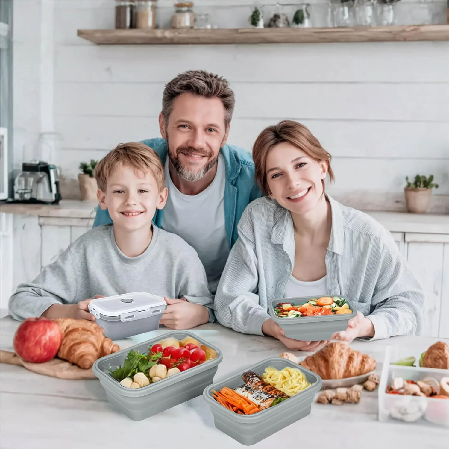 ظروف نگهداری غذای تاشو با درب، ظروف آماده سازی غذا سیلیکونی بدون BPA، ظروف ناهار خوری تاشو برای ظروف نگهداری کمپینگ، قابل استفاده در مایکروویو، فریزر و ماشین ظرفشویی، خاکستری