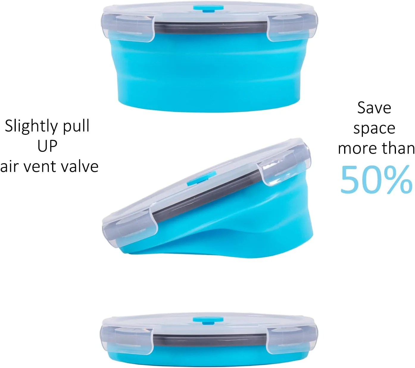 ظروف نگهداری غذای تاشو با درب و دریچه هوا، 1200 میلی لیتر، ست ظروف سیلیکونی آشپزخانه تاشو برای غذای باقیمانده، قابل استفاده در مایکروویو، فریزر و ماشین ظرفشویی، گرد آبی، ست 4 عددی