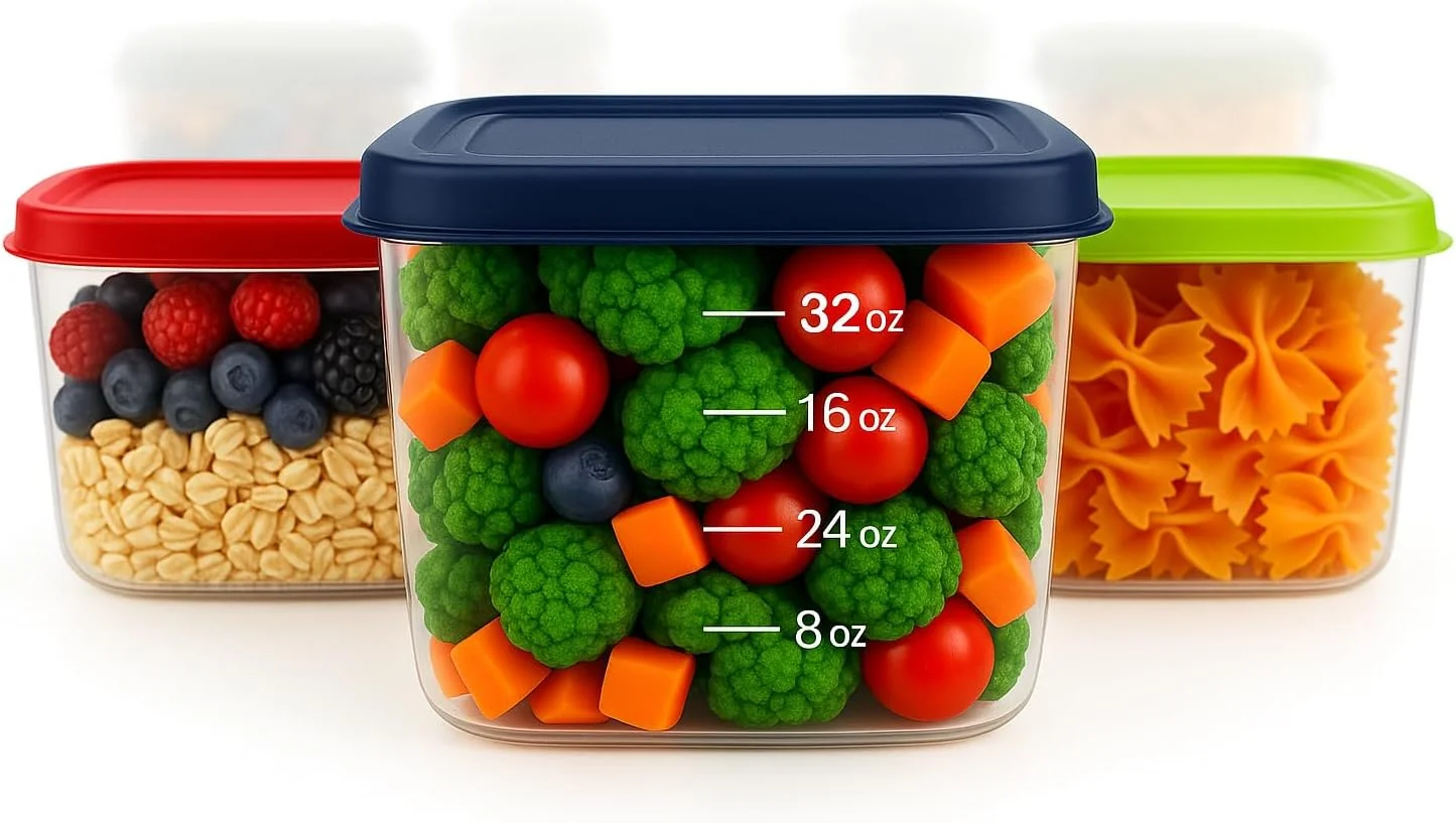 چک مارت [بسته 12 عددی ظروف نگهداری مواد غذایی 0.9 لیتری به همراه درب - ضد نشت، ضد هوا، قابل استفاده در مایکروویو و فریزر - ظروف آماده سازی غذا، قابل استفاده مجدد، قابل شستشو در ماشین ظرفشویی، 3 رنگ درب]