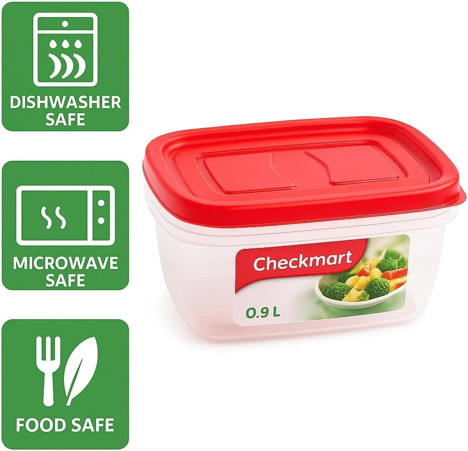 چک مارت [بسته 12 عددی ظروف نگهداری مواد غذایی 0.9 لیتری به همراه درب - ضد نشت، ضد هوا، قابل استفاده در مایکروویو و فریزر - ظروف آماده سازی غذا، قابل استفاده مجدد، قابل شستشو در ماشین ظرفشویی، 3 رنگ درب]