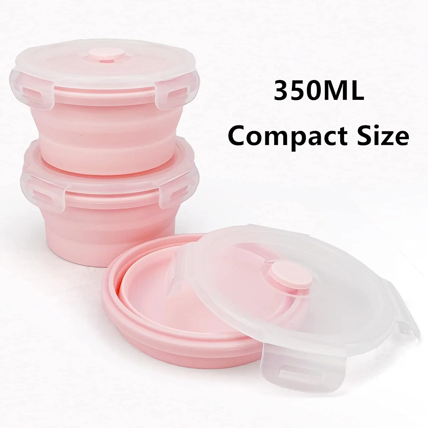 مجموعه 3 عددی کاسه تاشو گرد CCyanzi با درب، ظروف نگهداری مواد غذایی سیلیکونی، مناسب برای مایکروویو و فریزر، صرفه جویی در فضا برای کابینت آشپزخانه و کوله پشتی کمپینگ (صورتی)