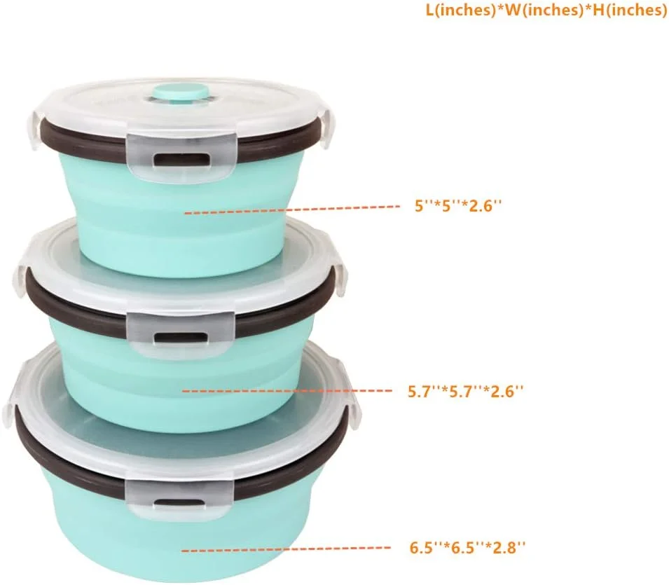 ظروف نگهداری غذای تاشو سیلیکونی آبی CARTINTS - کاسه های آماده سازی/نگهداری با درب - ظروف ناهار خوری گرد سیلیکونی - ست 3 عددی ایمن برای مایکروویو و فریزر