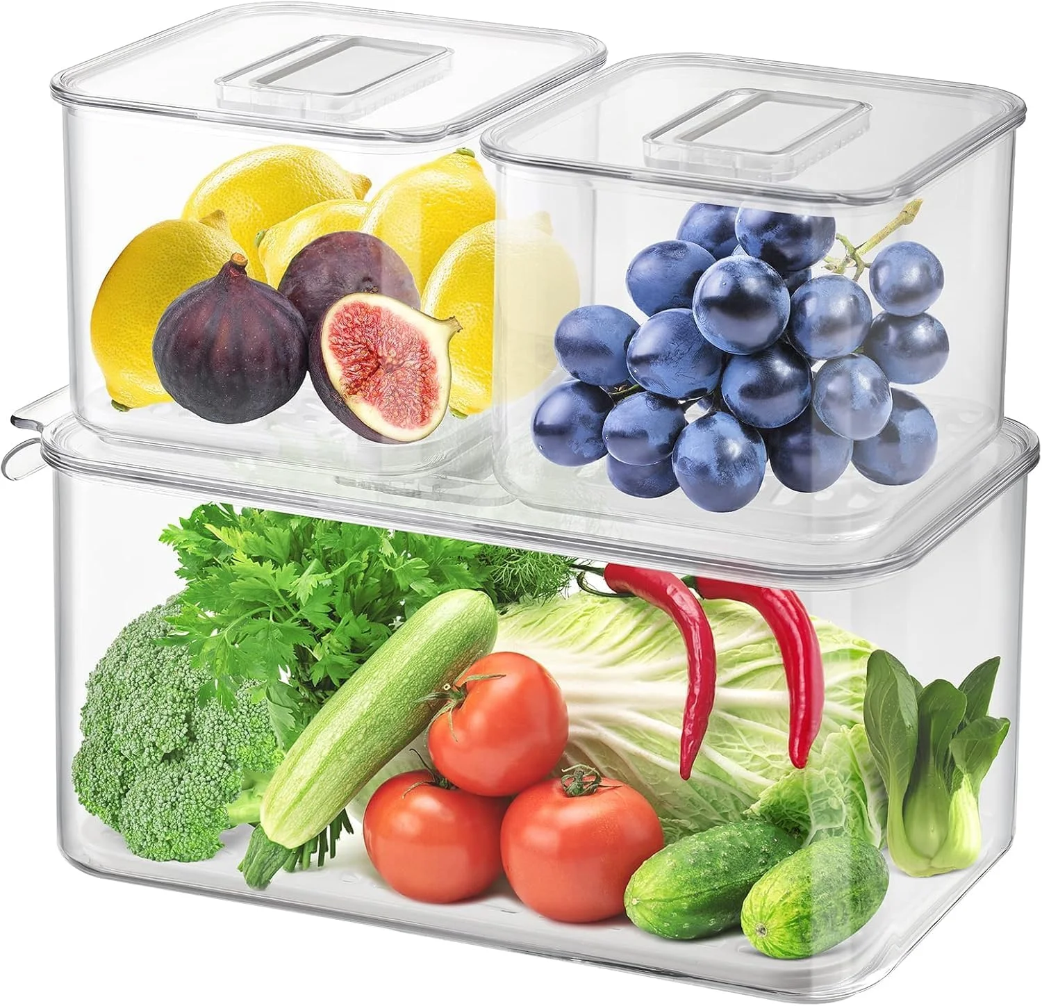 جعبه نگهداری مواد غذایی 3 تکه BIGTHREE، ظروف نگهداری یخچال، ظروف نگهداری فریزر قابل چیدن، سبد سطل کشویی نگهدارنده تازه با درب های دارای تهویه و سینی تخلیه قابل جابجایی.