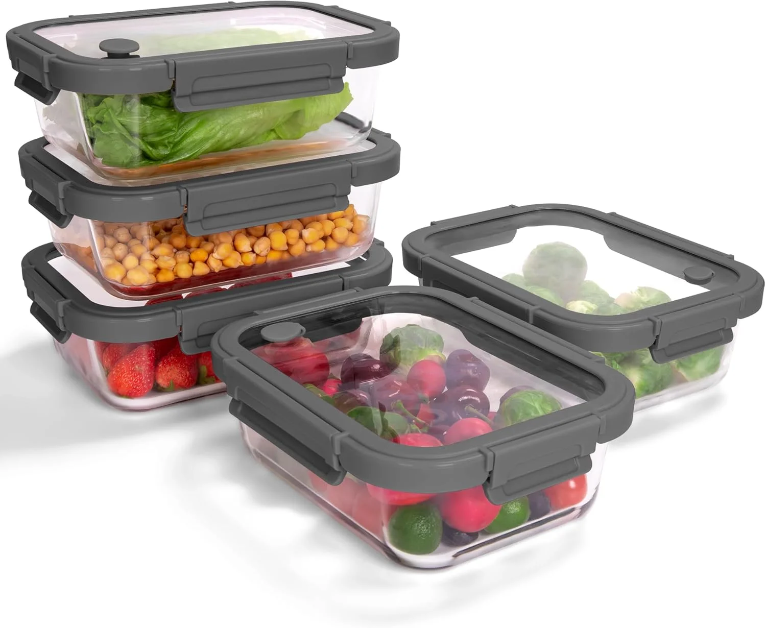 ظروف شیشه ای بوروسیلیکات BOROHOUSE، بسته 5 عددی با درب های مقاوم، ظرفیت 1040 میلی لیتر، مناسب برای آماده سازی غذا، قابل استفاده در مایکروویو و فریزر (خاکستری)