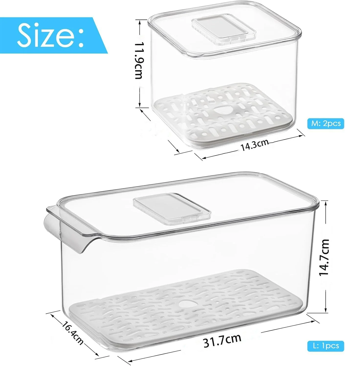جعبه نگهداری مواد غذایی 3 تکه BIGTHREE، ظروف نگهداری یخچال، ظروف نگهداری فریزر قابل چیدن، سبد سطل کشویی نگهدارنده تازه با درب های دارای تهویه و سینی تخلیه قابل جابجایی.
