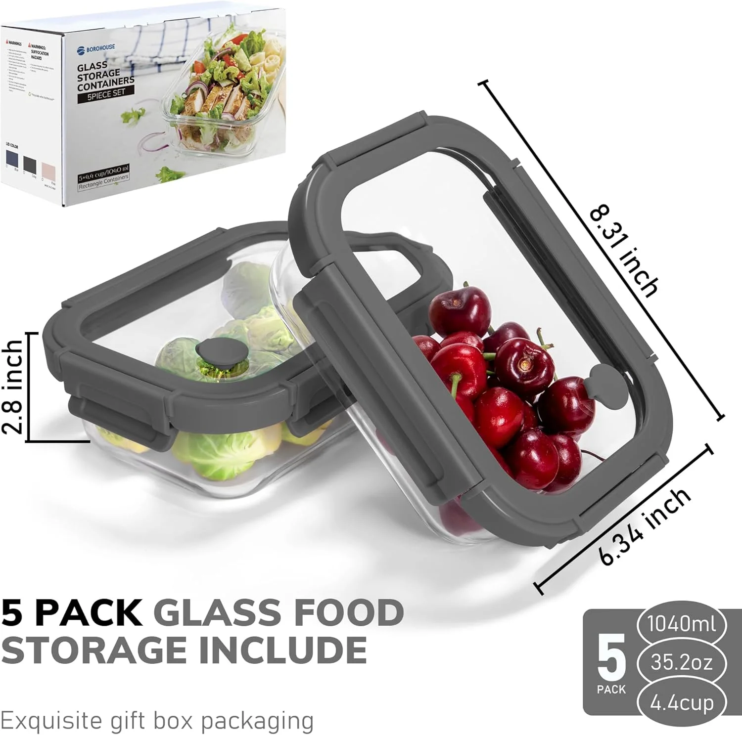 ظروف شیشه ای بوروسیلیکات BOROHOUSE، بسته 5 عددی با درب های مقاوم، ظرفیت 1040 میلی لیتر، مناسب برای آماده سازی غذا، قابل استفاده در مایکروویو و فریزر (خاکستری) ظروف شیشه ای بوروسیلیکات BOROHOUSE، بسته 5 عددی با درب های مقاوم، ظرفیت 1040 میلی لیتر، مناسب برای آماده سازی غذا، قابل استفاده در مایکروویو و فریزر (خاکستری)