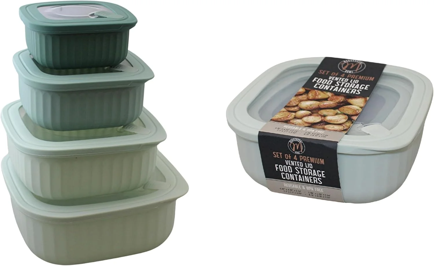 Set of 4 BPA-Free Square Food Storage Containers Vented Lids Assorted Sizes, Microwave & Freezer Safe Nesting Design for Leftovers Meal Prep Fridge Organization Dry Grains (Green) Set of 4 BPA-Free Square Food Storage Containers Vented Lids Assorted Sizes, Microwave & Freezer Safe Nesting Design for Leftovers Meal Prep Fridge Organization Dry Grains (Green)