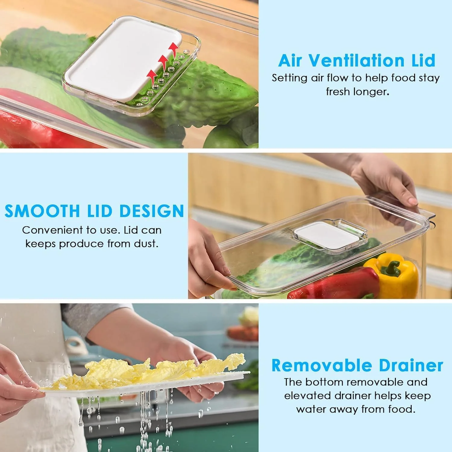 جعبه نگهداری مواد غذایی 3 تکه BIGTHREE، ظروف نگهداری یخچال، ظروف نگهداری فریزر قابل چیدن، سبد سطل کشویی نگهدارنده تازه با درب های دارای تهویه و سینی تخلیه قابل جابجایی.