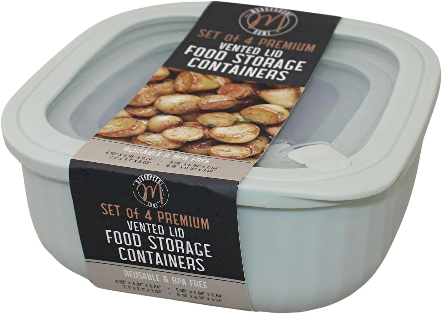 Set of 4 BPA-Free Square Food Storage Containers Vented Lids Assorted Sizes, Microwave & Freezer Safe Nesting Design for Leftovers Meal Prep Fridge Organization Dry Grains (Green)