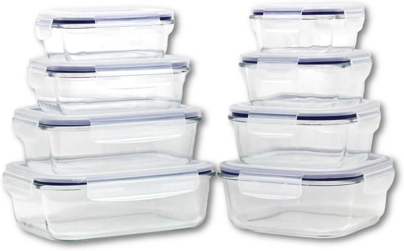 ظروف شیشه ای Auroware، بسته 8 عددی، با درب های ضد نشت و هواگیر، فاقد BPA، قابل استفاده در ماشین ظرفشویی، مایکروویو و فریزر، ظروف نگهداری مواد غذایی، مناسب برای ناهار و تغذیه سالم