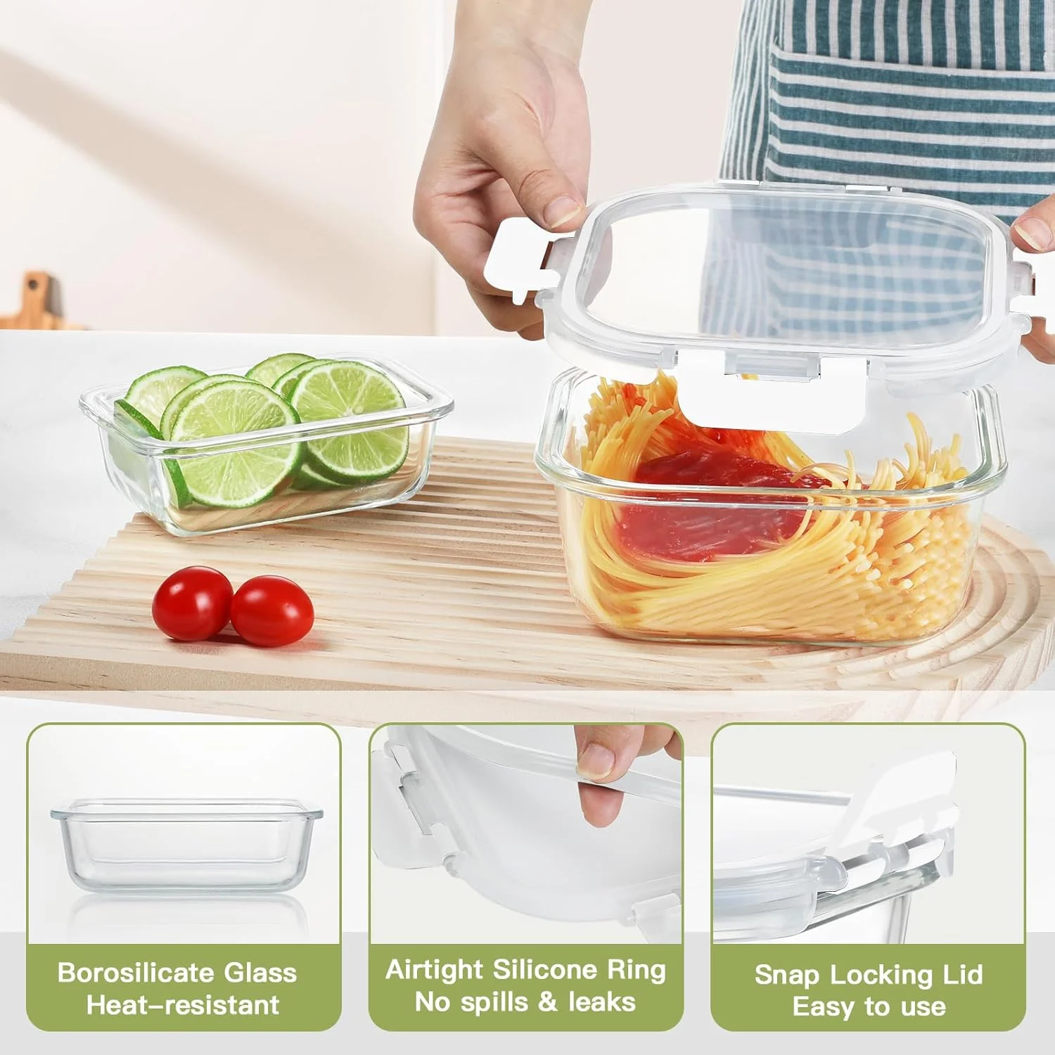 ظروف نگهداری غذا شیشه ای بایز، 24 تکه با درب، ظروف آماده سازی غذا شیشه ای درب دار برای آشپزخانه، جعبه ناهار بدون BPA، قابل استفاده در مایکروویو و فریزر، سفید