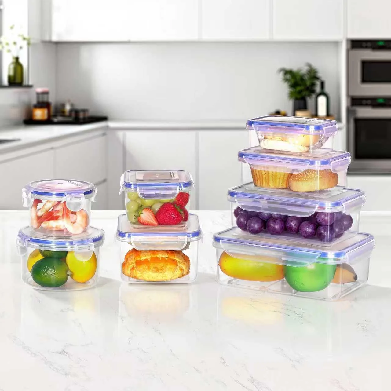 ظروف نگهداری مواد غذایی بارگین فکتوری 16 تکه (8 ظرف + 8 درب) ظروف پلاستیکی درب دار برای نگهداری مواد غذایی، مناسب برای کابینت و آشپزخانه، ضد نشت، فاقد BPA، قابل استفاده در مایکروویو و فریزر، 250 میلی لیتر - 1.6 لیتر