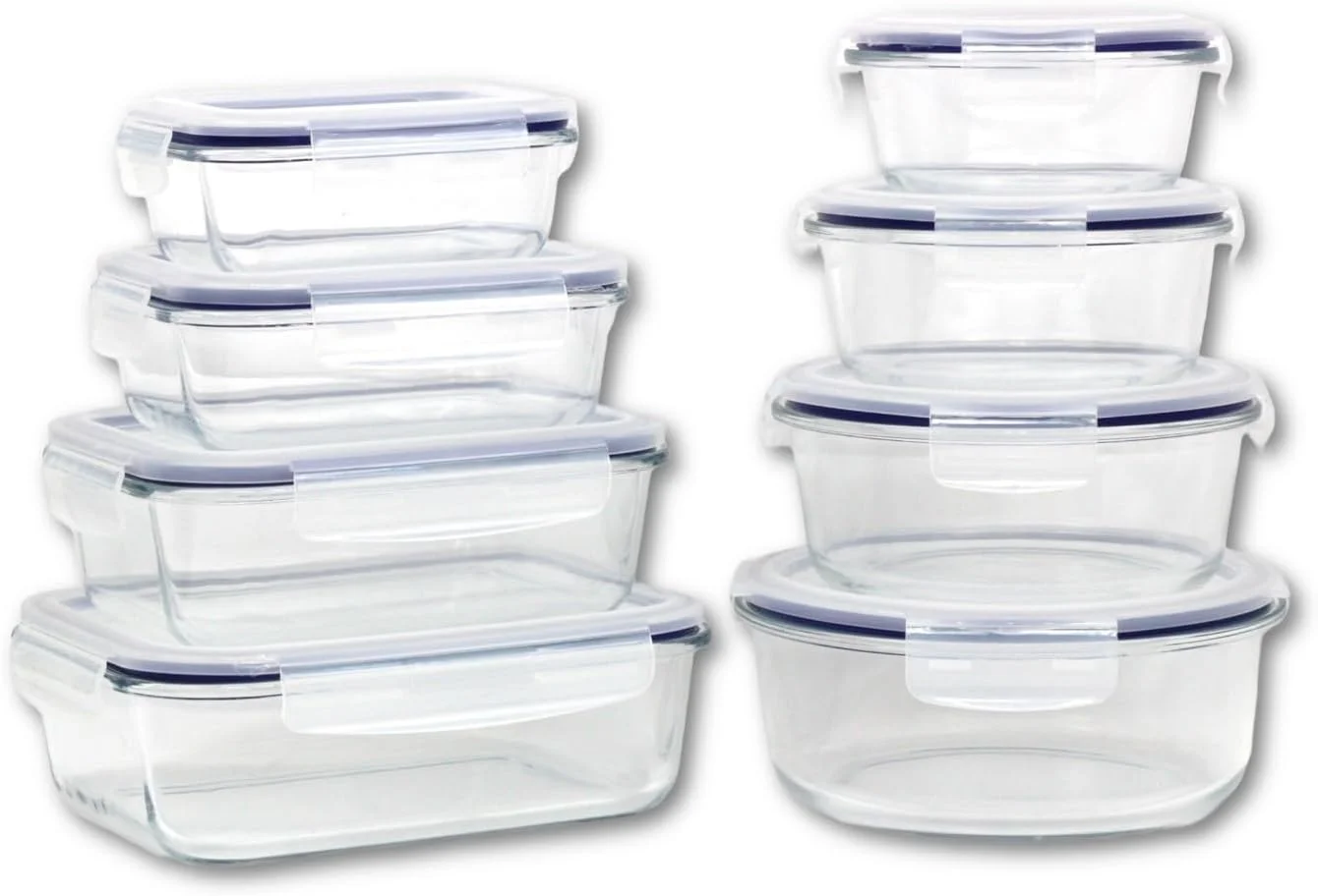 مجموعه 8 عددی ظروف شیشه ای Auroware با درب های ضد نشت و هوا، فاقد BPA، قابل استفاده در ماشین ظرفشویی، مایکروویو و فریزر، ظروف نگهداری مواد غذایی، مناسب برای ناهار، سالم و ایمن