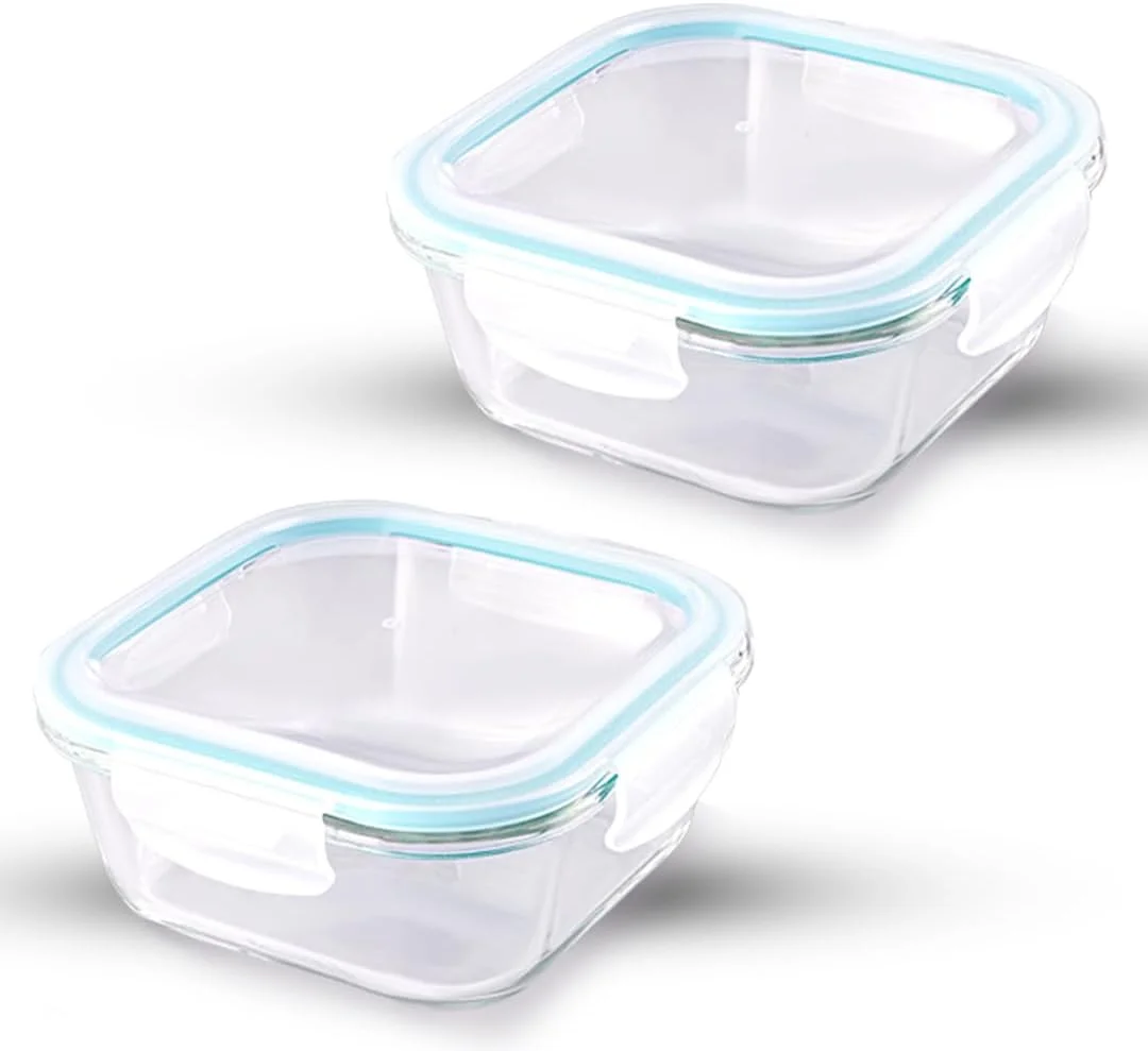 ظرف نگهداری غذا مربع Attro Glassox با درب قفل‌دار، ظرف شیشه‌ای بوروسیلیکات، سازمان‌دهنده یخچال، قابل استفاده در مایکروویو و فریزر، ست 2 عددی 310 میلی‌لیتری