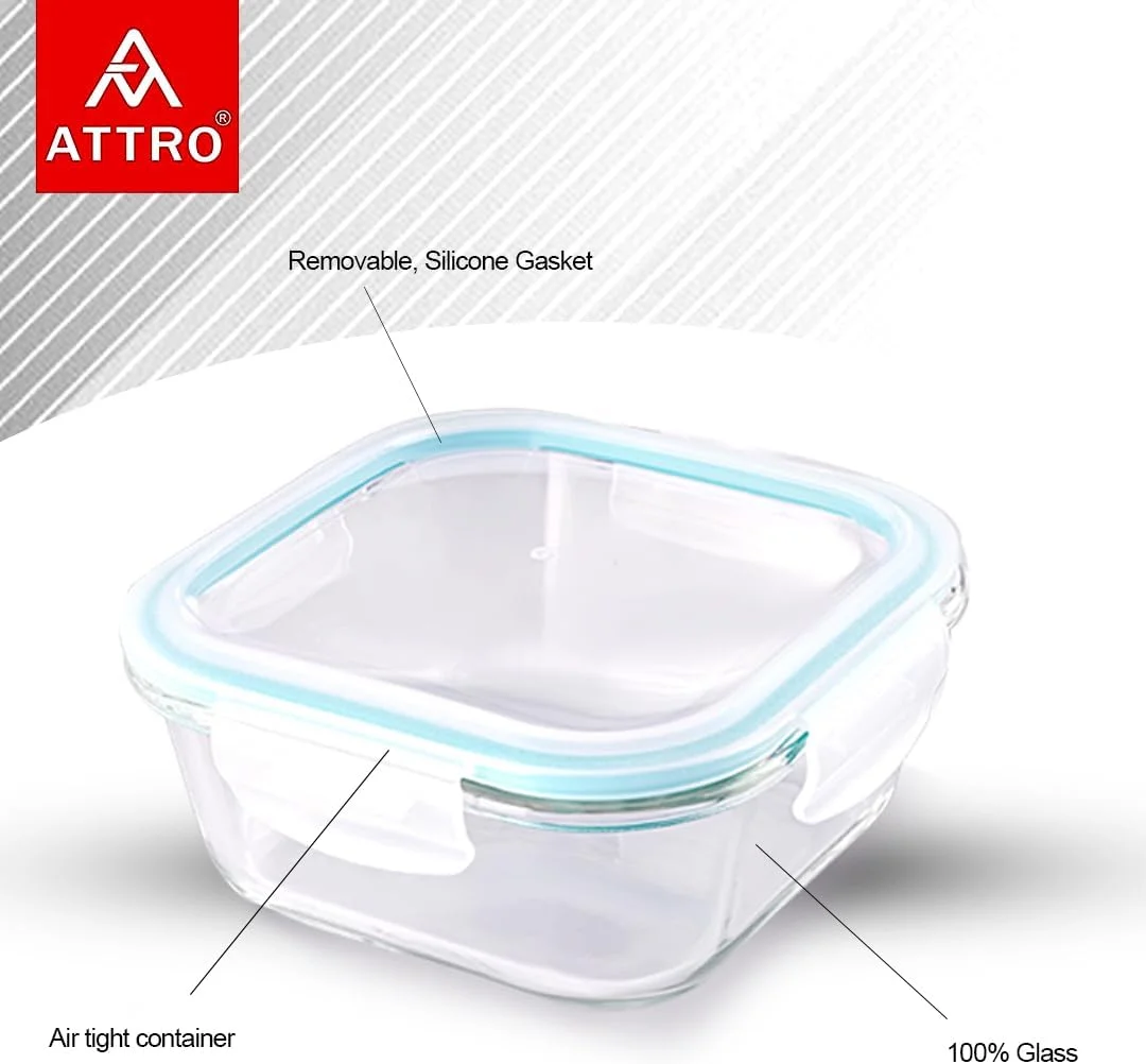 ظرف نگهداری غذا مربع Attro Glassox با درب قفل‌دار، ظرف شیشه‌ای بوروسیلیکات، سازمان‌دهنده یخچال، قابل استفاده در مایکروویو و فریزر، ست 2 عددی 310 میلی‌لیتری