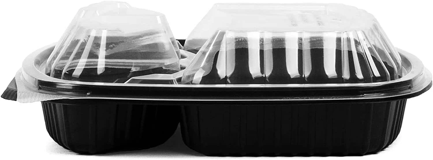 السقر [بسته 5 عددی] ظرف نگهداری غذا با پایه مشکی 3 قسمتی به همراه درب | ظرف غذای یکبار مصرف | ظروف آماده سازی غذا | جعبه ناهار مایکروویو | فریزر ایمن (3 محفظه ای)، 32 اونس