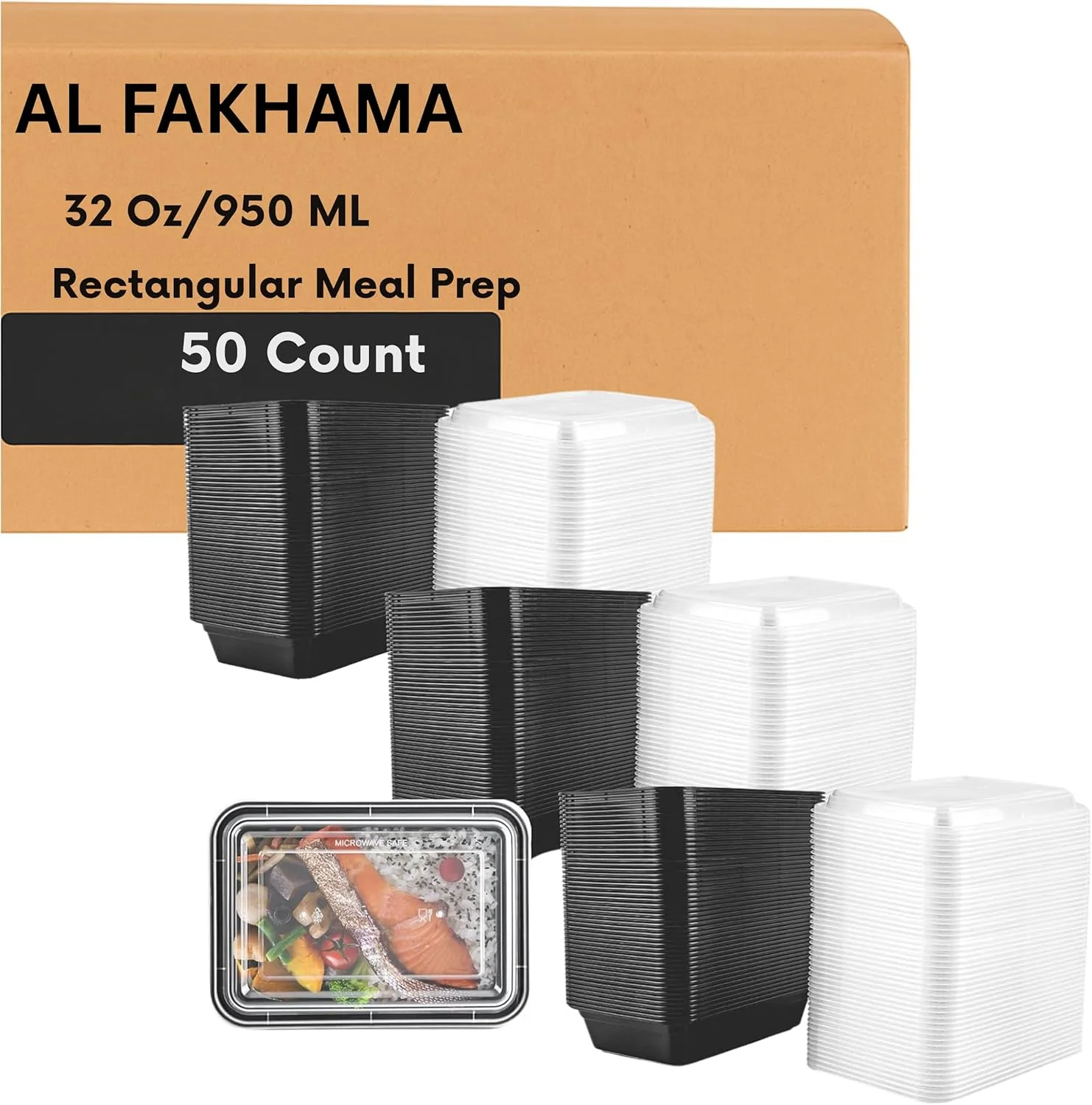 ظروف مستطیلی آماده سازی غذا الفخامه 950 میلی لیتری (50 عدد) تک قسمتی با درب، ظروف نگهداری غذا، فاقد BPA، قابل چیدن، قابل استفاده در مایکروویو/ماشین ظرفشویی/فریزر - ارسال در جعبه محکم