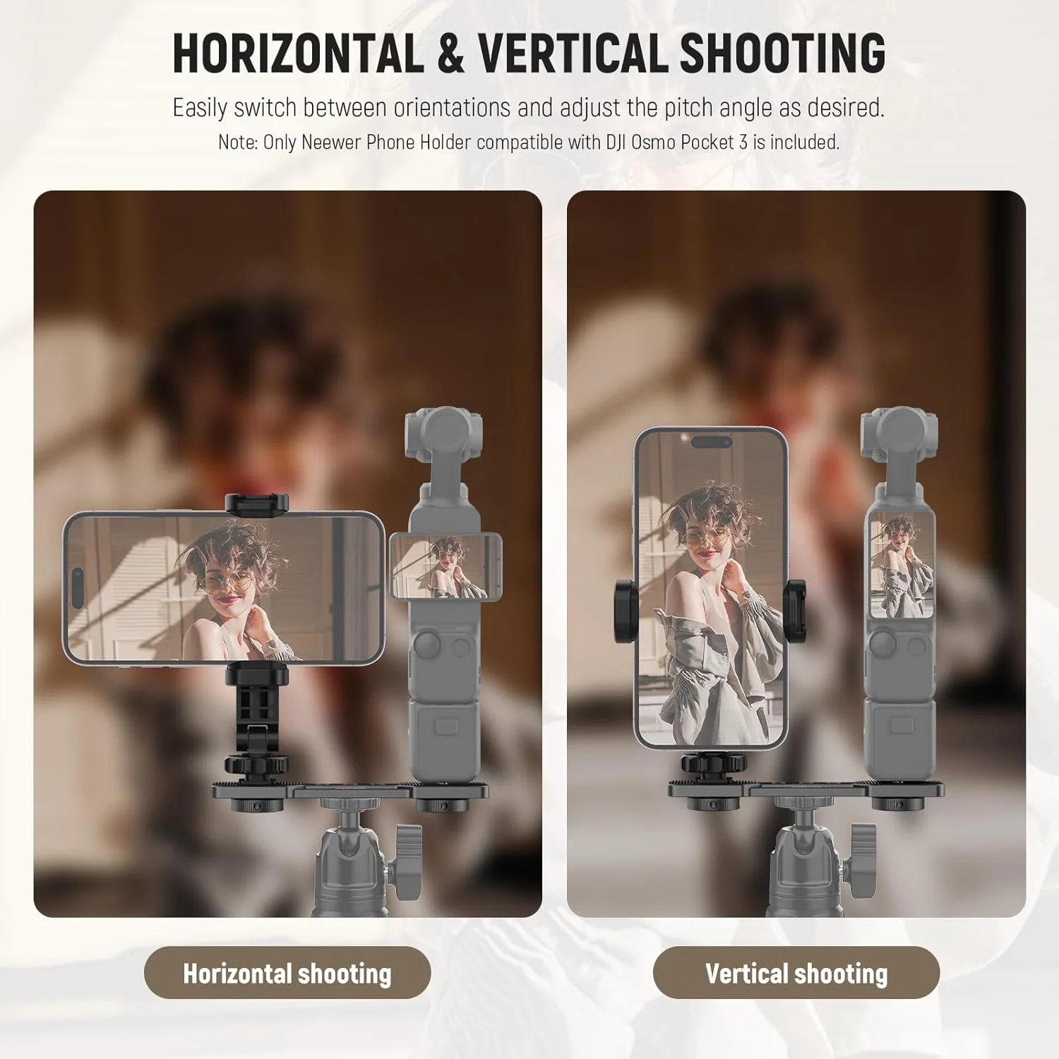 نگهدارنده گوشی موبایل نیوور سازگار با DJI Osmo Pocket 3، لوازم جانبی توسعه Pocket 3، نگهدارنده تلفن همراه با رزوه های 1/4 اینچی برای سه پایه و میله توسعه، کفشک سرد برای نور ویدئویی کوچک، میکروفون، AC021