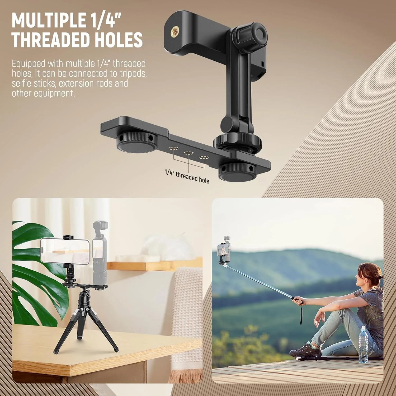 نگهدارنده گوشی موبایل نیوور سازگار با DJI Osmo Pocket 3، لوازم جانبی توسعه Pocket 3، نگهدارنده تلفن همراه با رزوه های 1/4 اینچی برای سه پایه و میله توسعه، کفشک سرد برای نور ویدئویی کوچک، میکروفون، AC021