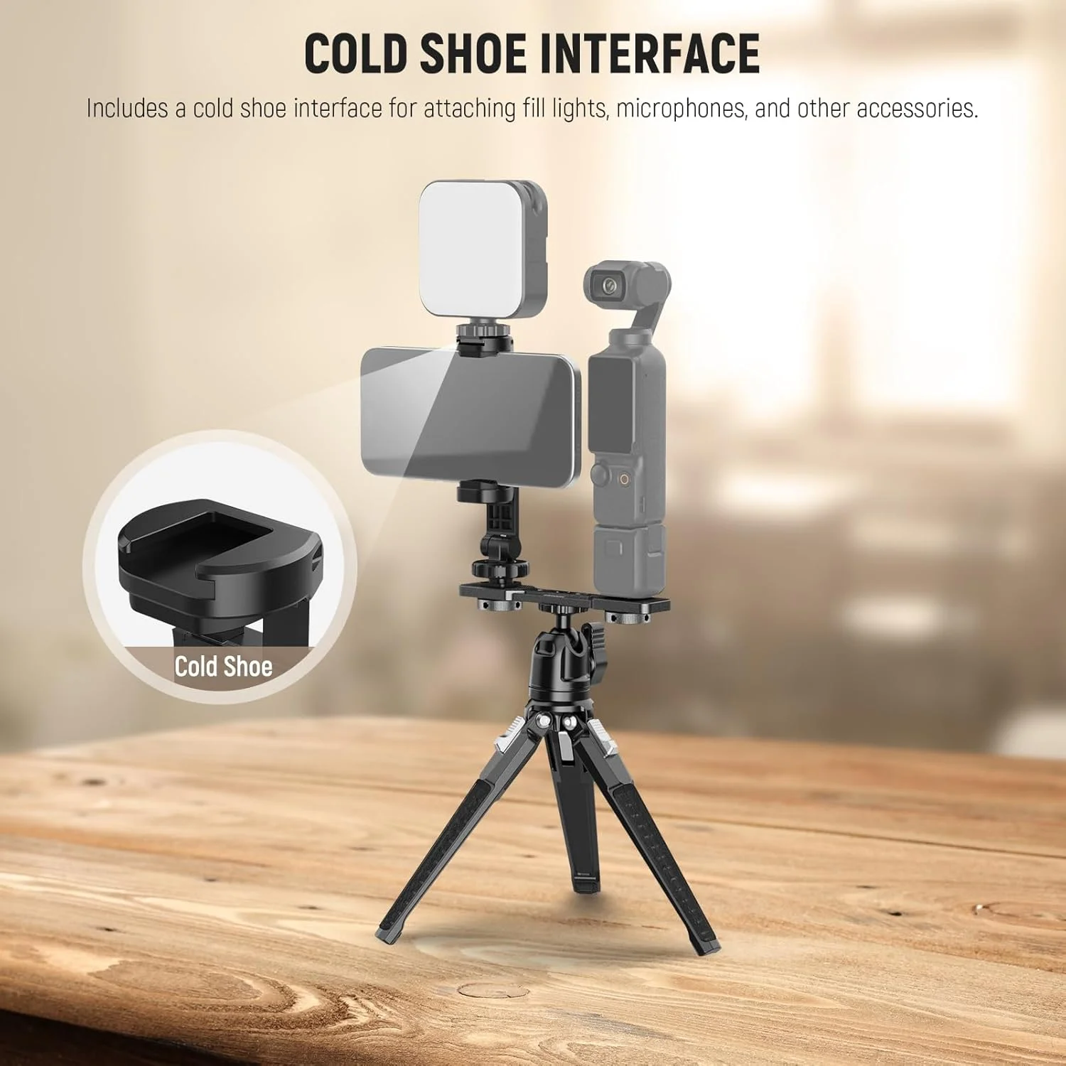 نگهدارنده گوشی موبایل نیوور سازگار با DJI Osmo Pocket 3، لوازم جانبی توسعه Pocket 3، نگهدارنده تلفن همراه با رزوه های 1/4 اینچی برای سه پایه و میله توسعه، کفشک سرد برای نور ویدئویی کوچک، میکروفون، AC021