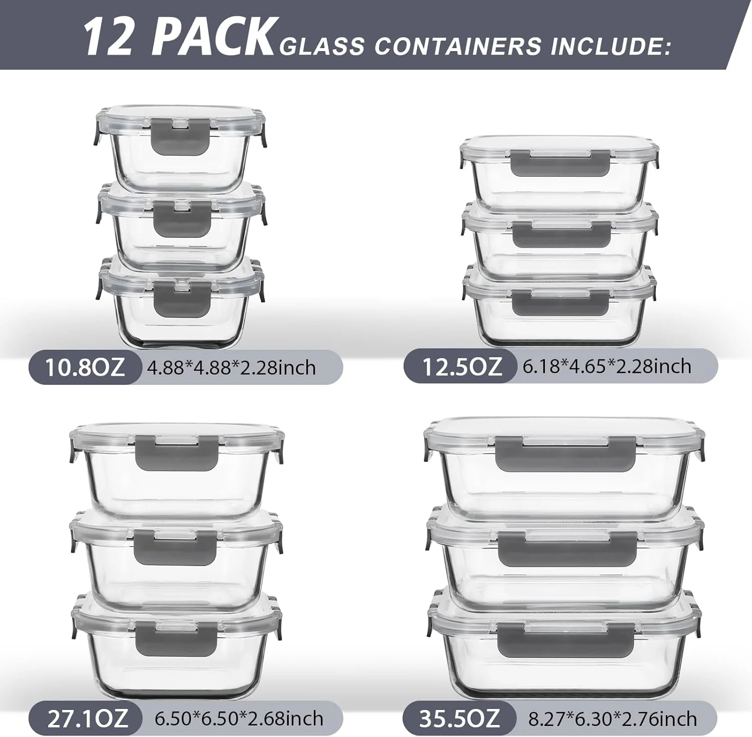ظروف نگهداری غذا شیشه ای AILTEC بسته 12 عددی با درب، ست ظروف آماده سازی غذا شیشه ای با درب های ضد نشت، ظرف ناهار هوا بند برای آشپزخانه، مایکروویو، فر، فریزر، قابل شستشو در ماشین ظرفشویی، بدون BPA