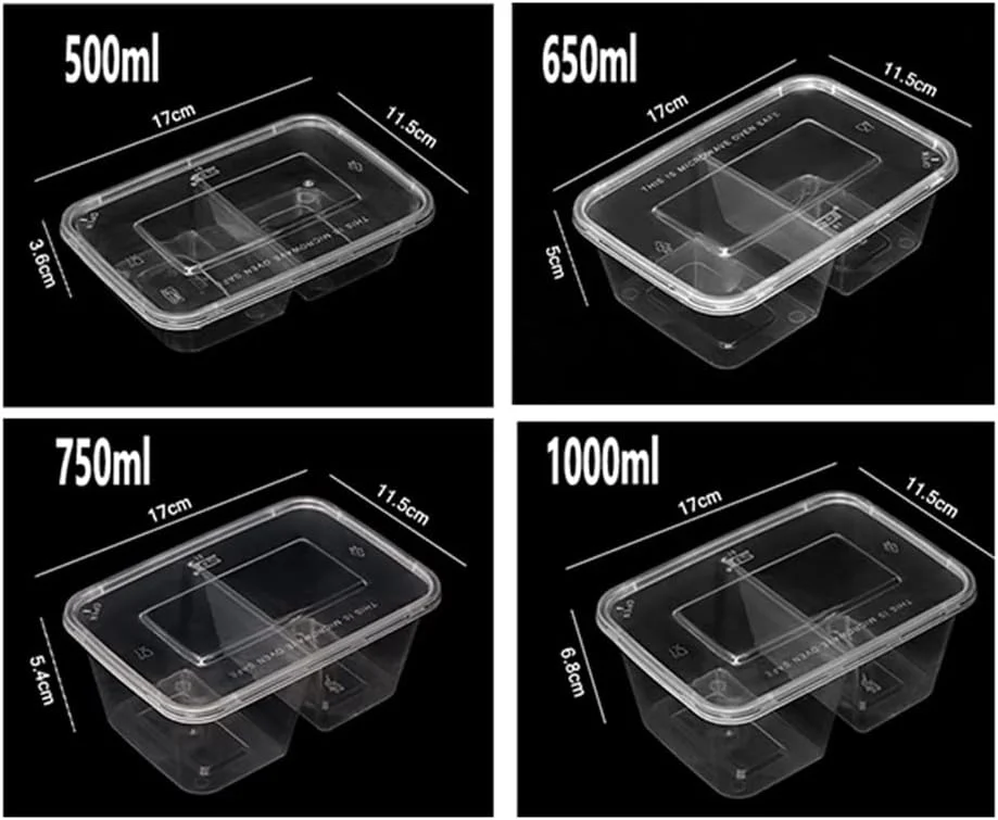 ظرف غذای بیرون بر AGYH، بسته 300 عددی، ظروف آماده سازی غذا با درب، 2 محفظه، ظروف نگهداری مواد غذایی، قابل استفاده در مایکروویو و فریزر (رنگ: شفاف، اندازه: 650 میلی لیتر)