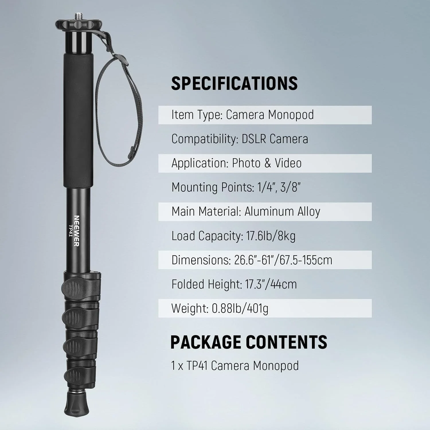 تک پایه دوربین NEEWER، تک پایه ویدیویی مسافرتی آلومینیومی قابل حمل 61 اینچی، آداپتور پیچ 1/4 اینچ 3/8 اینچ برای دوربین های DSLR، لوازم جانبی عکاسی، پارچه تمیز کننده، حداکثر بار 8 کیلوگرم، TP41 تک پایه دوربین NEEWER، تک پایه ویدیویی مسافرتی آلومینیومی قابل حمل 61 اینچی، آداپتور پیچ 1/4 اینچ 3/8 اینچ برای دوربین های DSLR، لوازم جانبی عکاسی، پارچه تمیز کننده، حداکثر بار 8 کیلوگرم، TP41