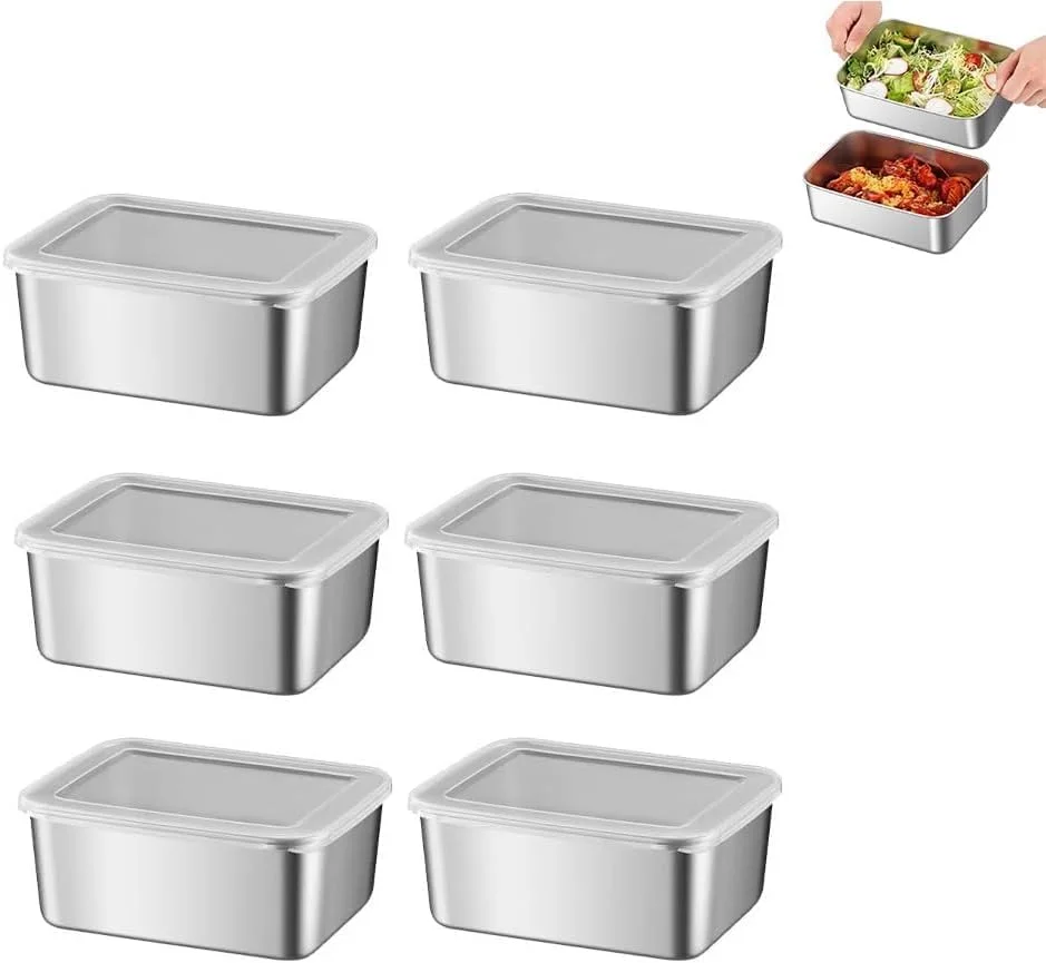 ظروف نگهداری غذا استیل ضد زنگ 6 تکه با درب - ظروف فلزی قابل استفاده مجدد برای آماده سازی غذا، مناسب برای مرینیت کردن، فریزر و مایکروویو، جعبه های ناهار بنتو قابل چیدن برای میوه ها، تنقلات و مسافرت