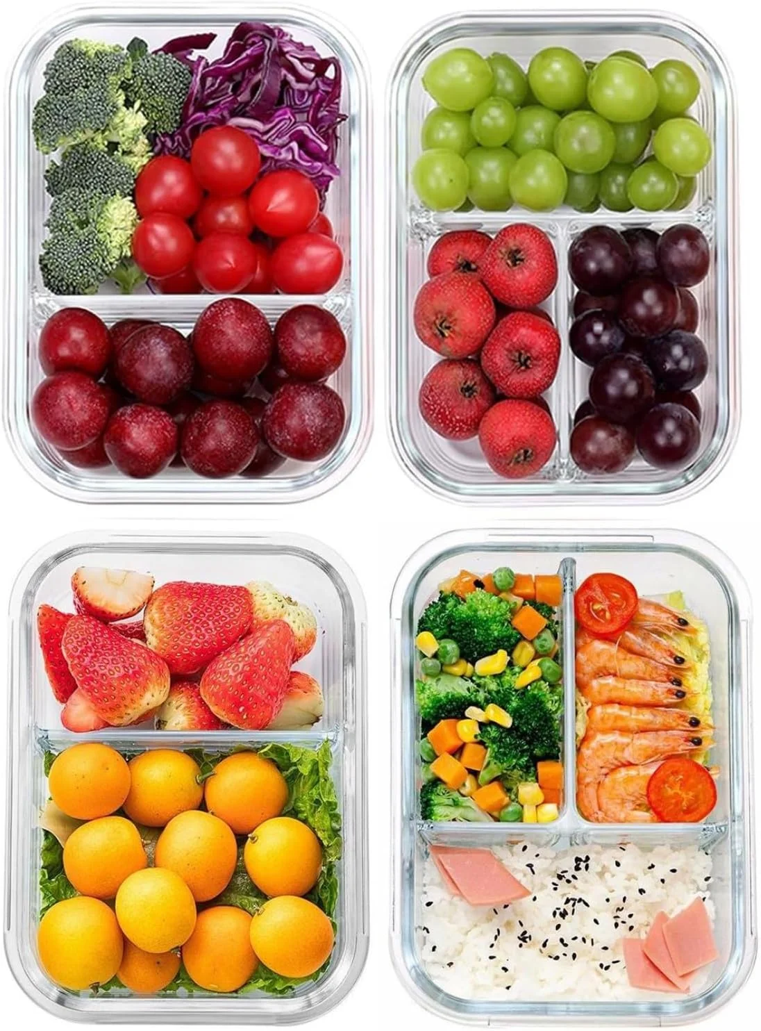 ظروف شیشه ای آماده سازی غذا KUAIJI بسته 4 عددی، 1000 میلی لیتری (2 و 3 محفظه)، ظروف ناهار کنترل وعده، ضد هوا، قابل استفاده مجدد در مایکروویو به همراه ست کارد و چنگال شیشه ای