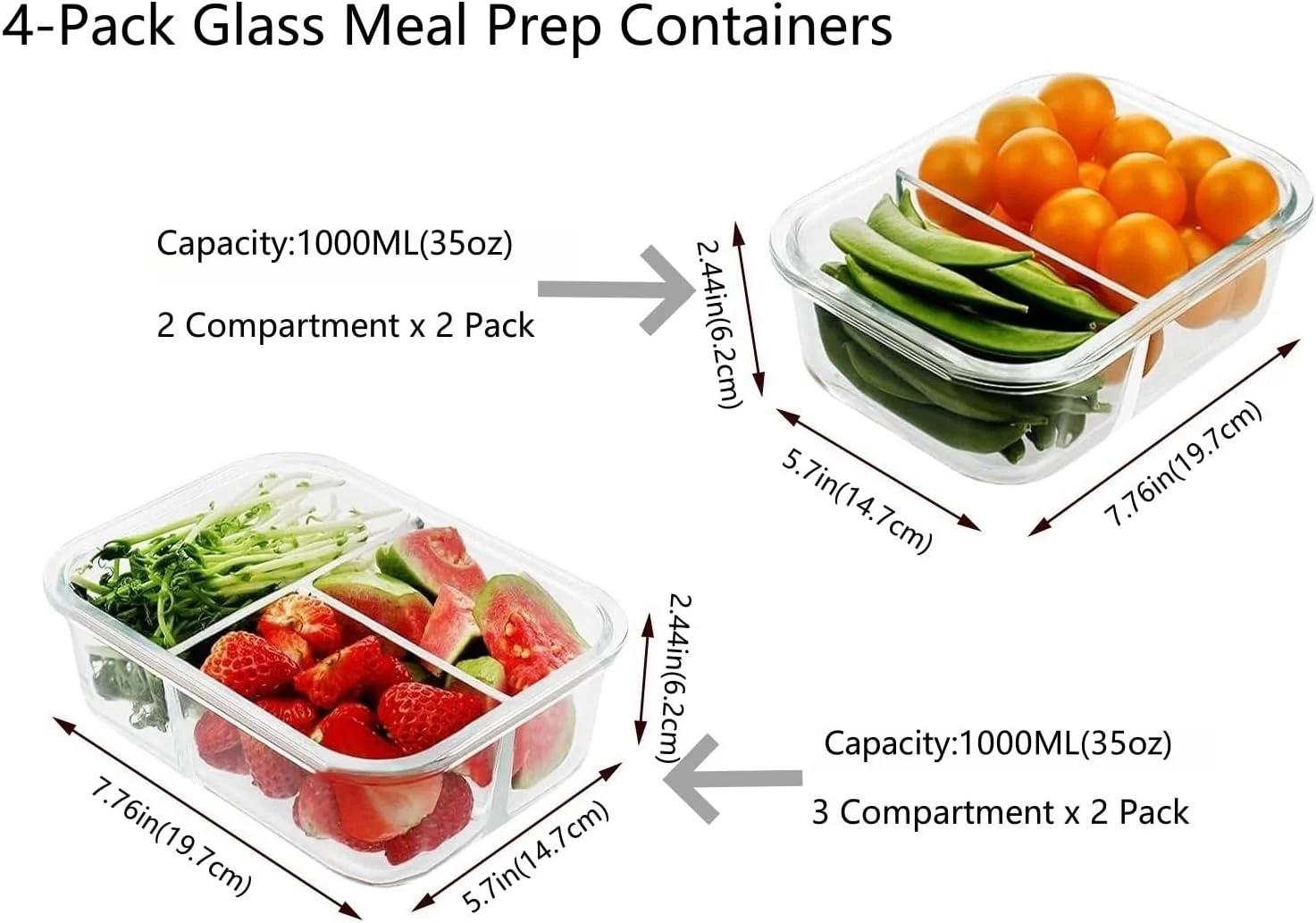 ظروف شیشه ای آماده سازی غذا KUAIJI بسته 4 عددی، 1000 میلی لیتری (2 و 3 محفظه)، ظروف ناهار کنترل وعده، ضد هوا، قابل استفاده مجدد در مایکروویو به همراه ست کارد و چنگال شیشه ای