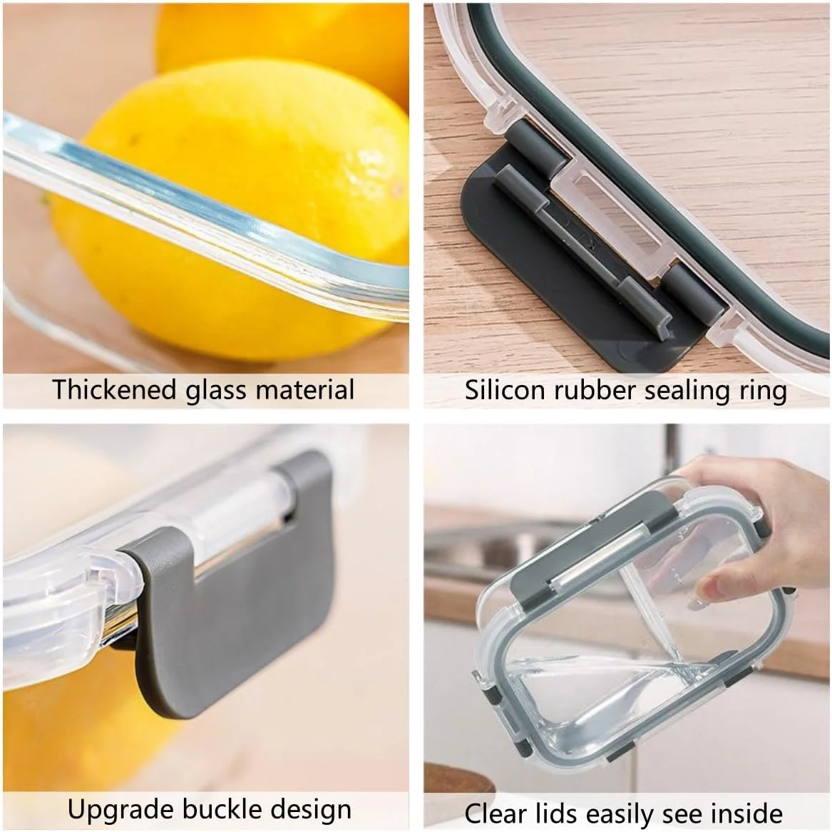 ظروف شیشه ای آماده سازی غذا KUAIJI بسته 4 عددی، 1000 میلی لیتری (2 و 3 محفظه)، ظروف ناهار کنترل وعده، ضد هوا، قابل استفاده مجدد در مایکروویو به همراه ست کارد و چنگال شیشه ای