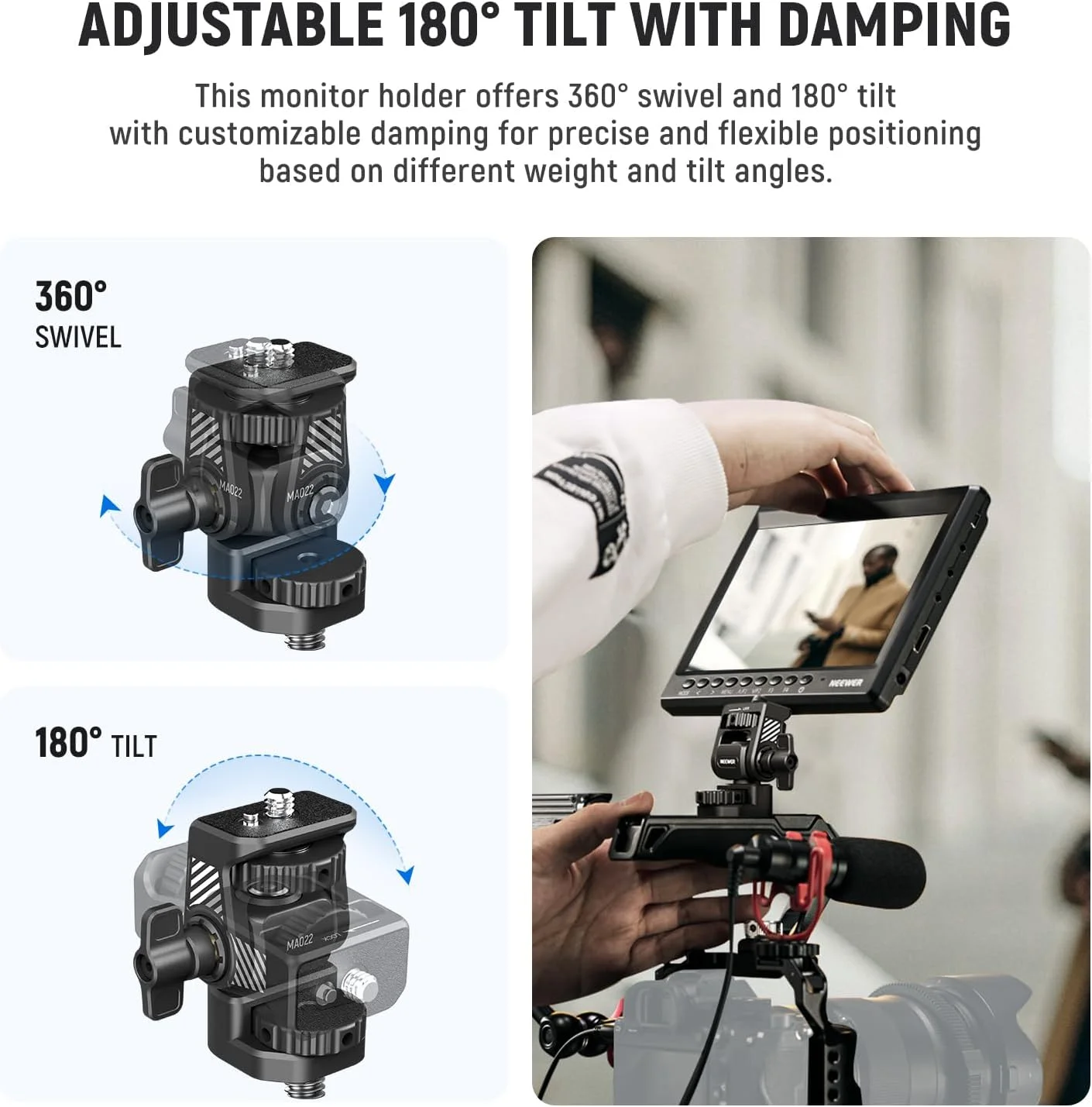 نگهدارنده مانیتور صحنه دوربین NEEWER، چرخش 360 درجه و شیب قابل تنظیم 180 درجه با پیچ 1/4 اینچ و 3/8 اینچ ضد پیچش سازگار با Atomos Ninja 5 اینچ و 7 اینچ سازگار با قفس دوربین SmallRig، MA022 نگهدارنده مانیتور صحنه دوربین NEEWER، چرخش 360 درجه و شیب قابل تنظیم 180 درجه با پیچ 1/4 اینچ و 3/8 اینچ ضد پیچش سازگار با Atomos Ninja 5 اینچ و 7 اینچ سازگار با قفس دوربین SmallRig، MA022