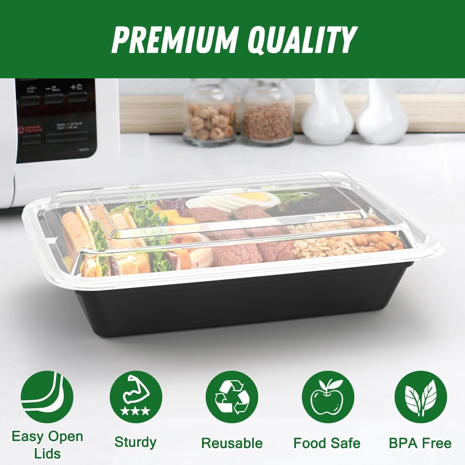 بسته 50 عددی (100 تکه) ظروف آماده سازی غذا 32 اونسی، قابل استفاده مجدد با درب های آسان بازشو، مقاوم و ضد نشت، ایمن برای مواد غذایی، قابل استفاده در مایکروویو، فریزر و ماشین ظرفشویی، ظروف پلاستیکی مشکی برای بیرون بردن غذا با درب