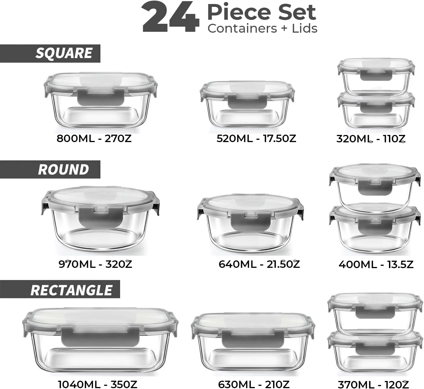 ظروف آماده سازی غذا شیشه ای 𝐏𝐈𝐂𝐂𝐀𝐒𝐈𝐎™، ست 24 تکه جعبه ناهار شیشه ای - ظروف نگهداری مواد غذایی درب دار برای کنترل وعده های غذایی سالم، قابل استفاده در مایکروویو، فر، فریزر و ماشین ظرفشویی، درب های قفل شونده